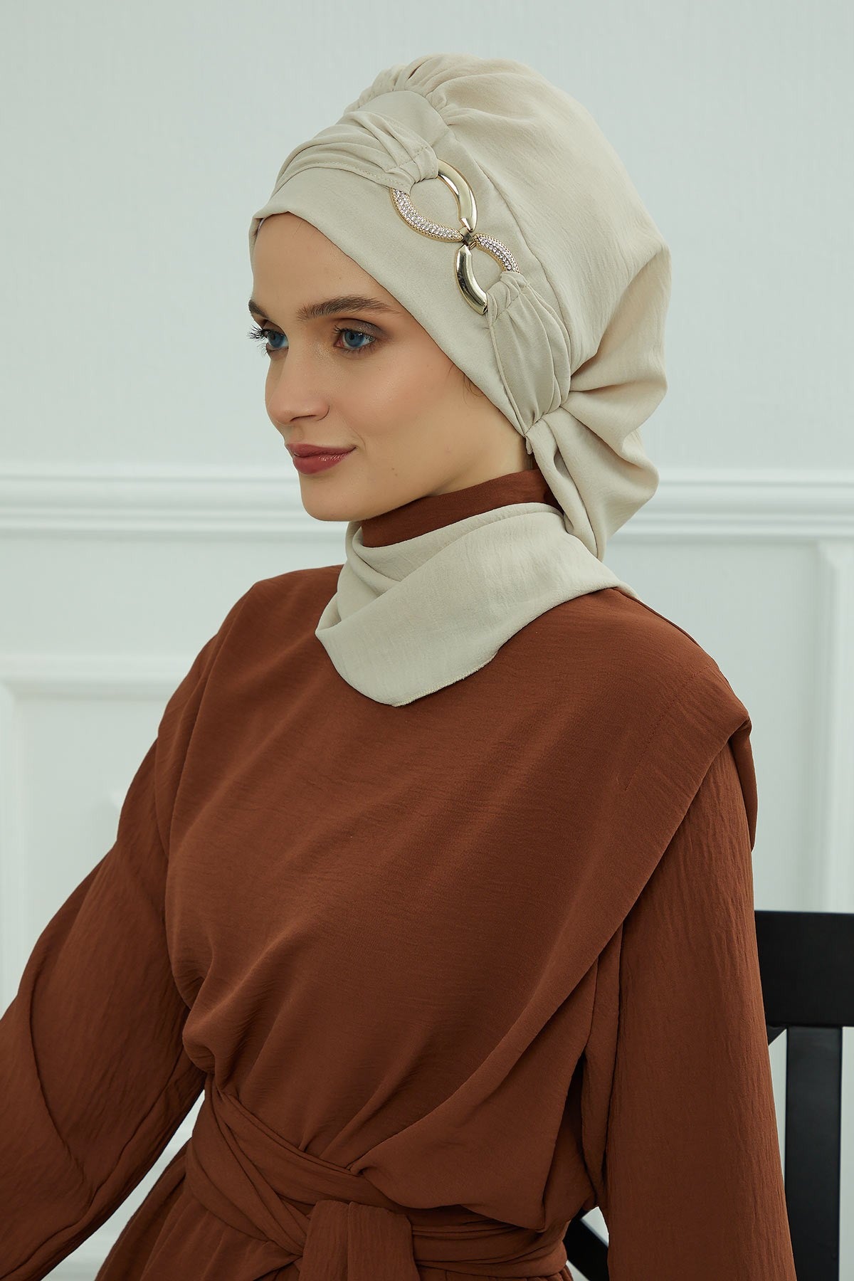 Instant Turban Lightweight Aerobin Scarf Head Turbans with Gorgeous Gold Accessory For Women Headwear Stylish Elegant Design,HT-94 Beige