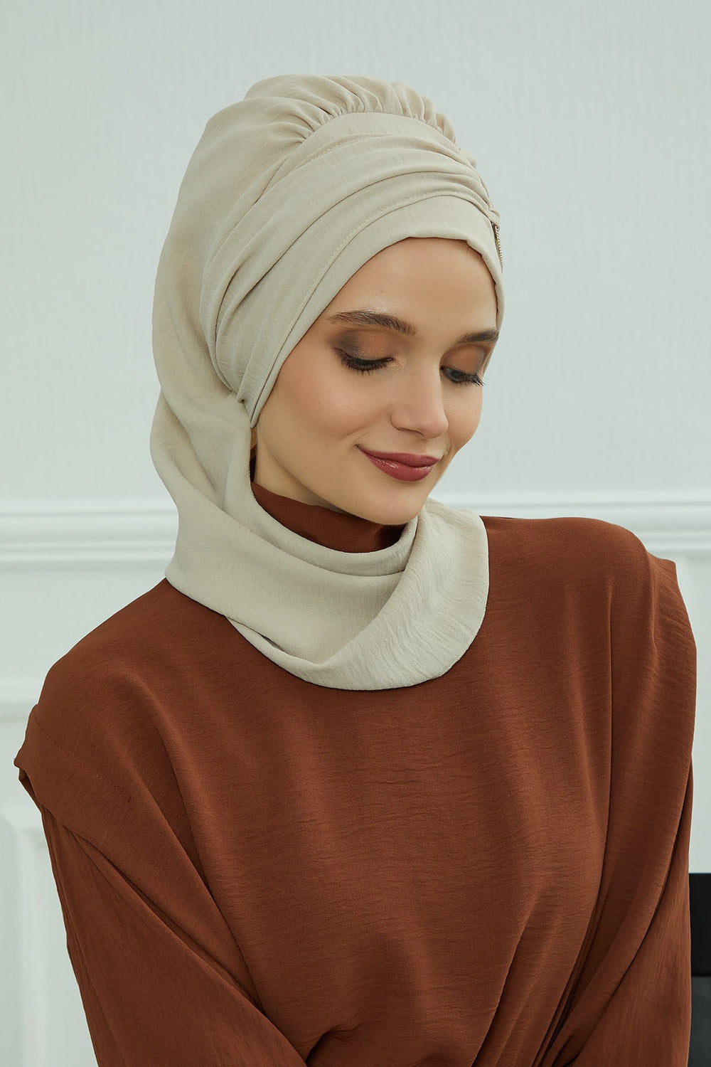 Instant Turban Lightweight Aerobin Scarf Head Turbans with Gorgeous Gold Accessory For Women Headwear Stylish Elegant Design,HT-94 Beige