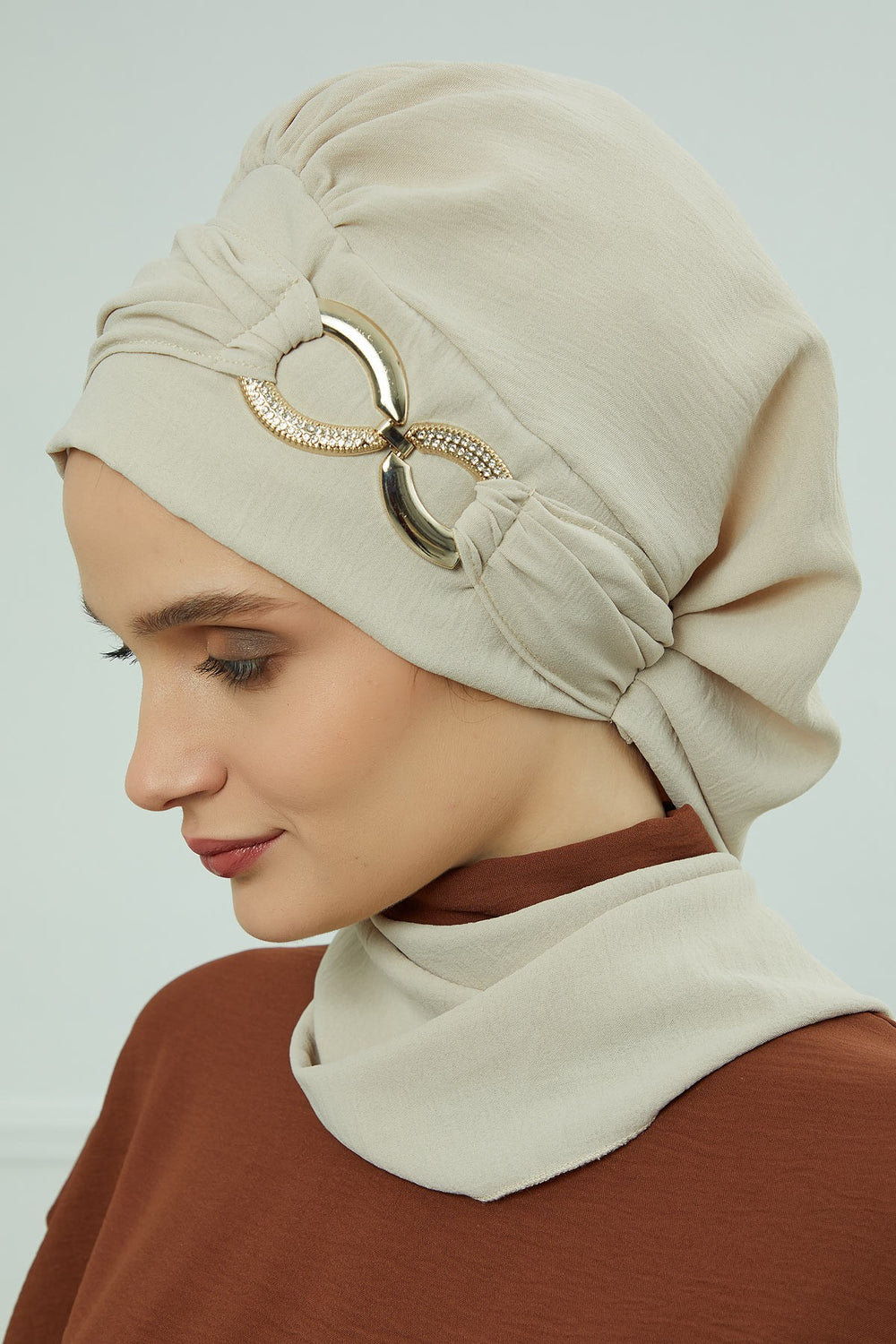 Instant Turban Lightweight Aerobin Scarf Head Turbans with Gorgeous Gold Accessory For Women Headwear Stylish Elegant Design,HT-94 Beige