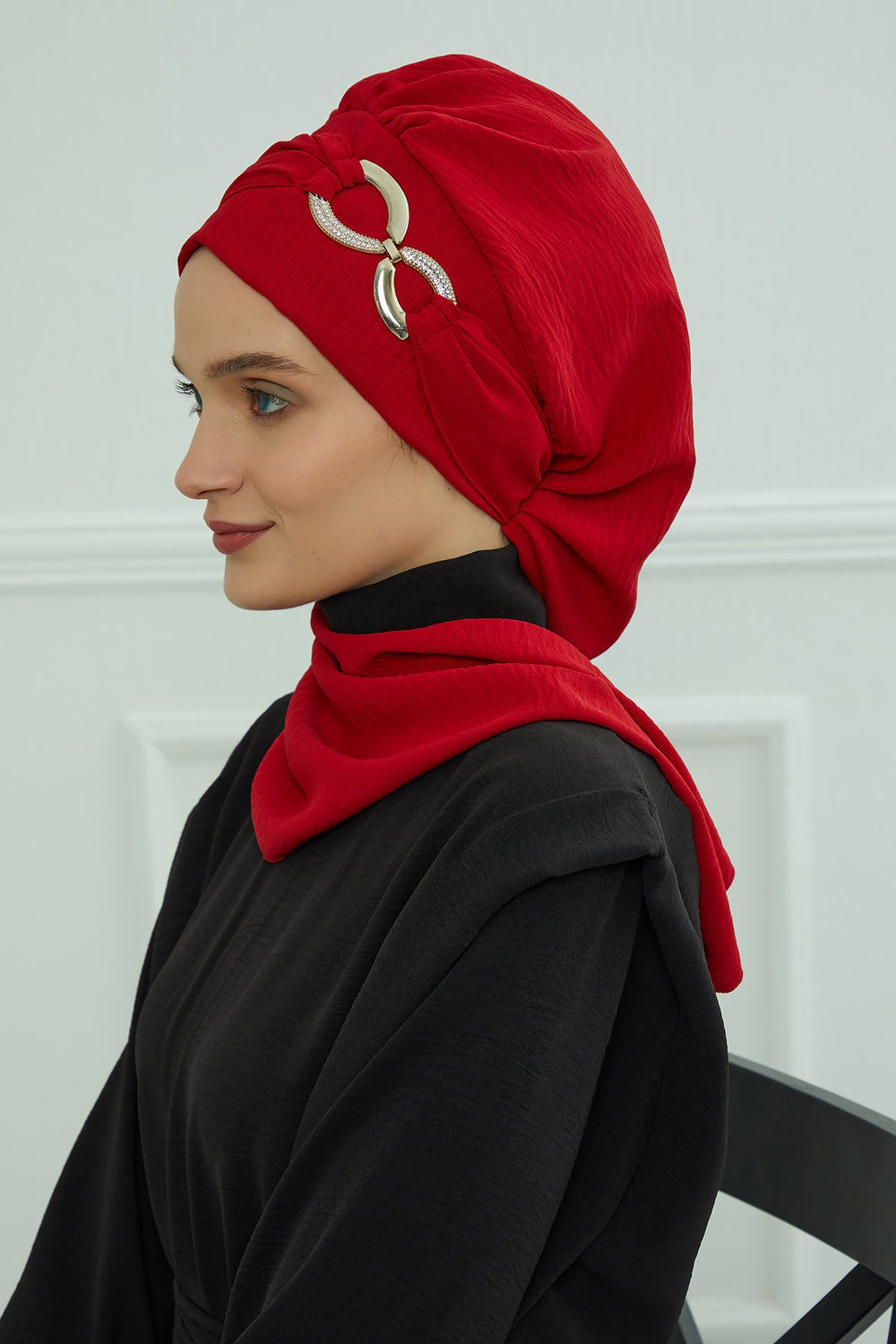 Instant Turban Lightweight Aerobin Scarf Head Turbans with Gorgeous Gold Accessory For Women Headwear Stylish Elegant Design,HT-94 Red