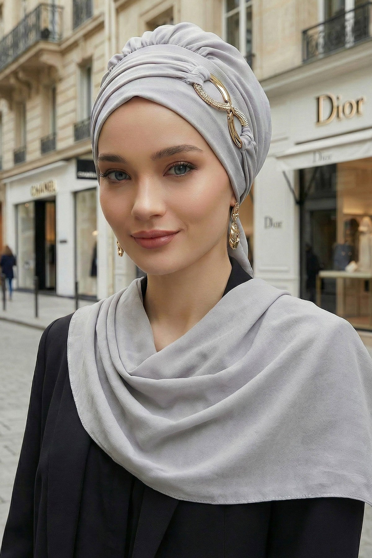 Instant Turban Lightweight Aerobin Scarf Head Turbans with Gorgeous Gold Accessory For Women Headwear Stylish Elegant Design,HT-94 Grey
