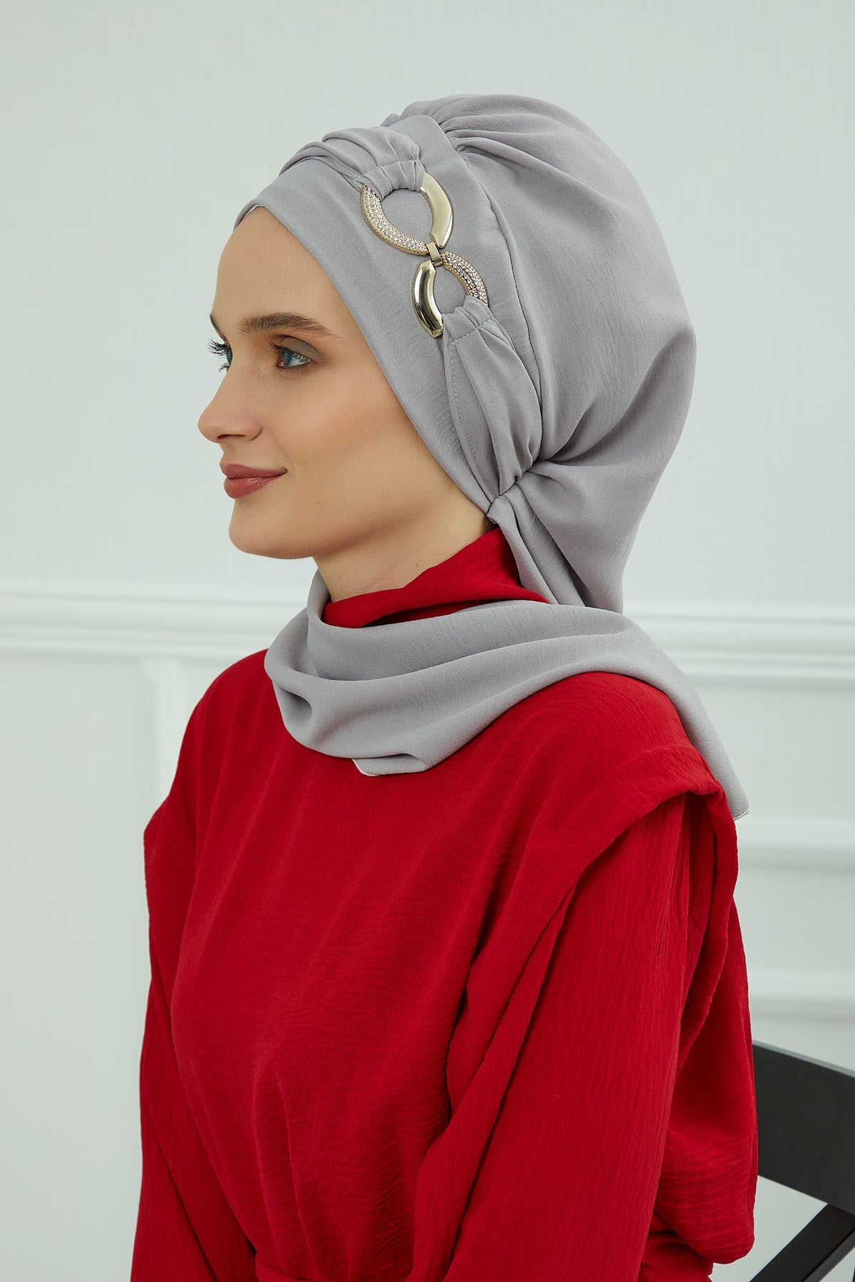 Instant Turban Lightweight Aerobin Scarf Head Turbans with Gorgeous Gold Accessory For Women Headwear Stylish Elegant Design,HT-94 Grey