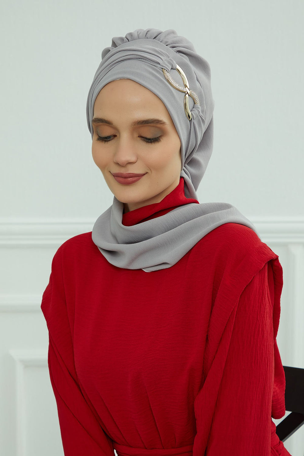 Instant Turban Lightweight Aerobin Scarf Head Turbans with Gorgeous Gold Accessory For Women Headwear Stylish Elegant Design,HT-94 Grey