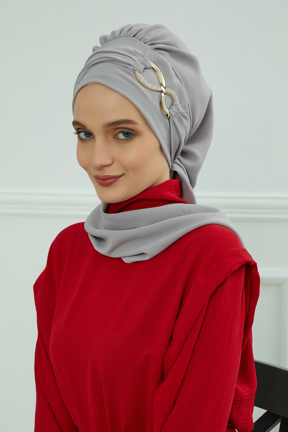 Instant Turban Lightweight Aerobin Scarf Head Turbans with Gorgeous Gold Accessory For Women Headwear Stylish Elegant Design,HT-94 Grey