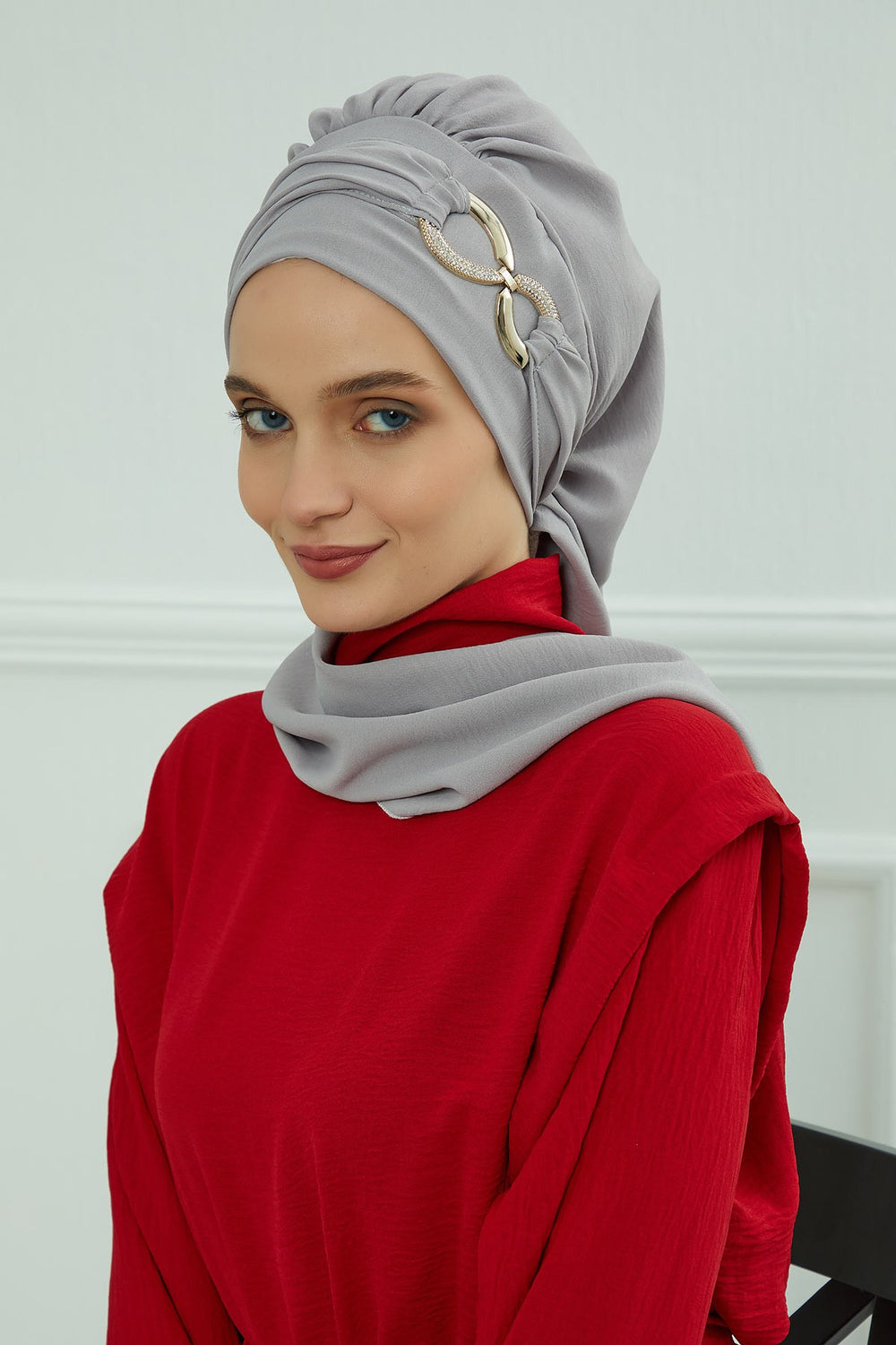 Instant Turban Lightweight Aerobin Scarf Head Turbans with Gorgeous Gold Accessory For Women Headwear Stylish Elegant Design,HT-94 Grey