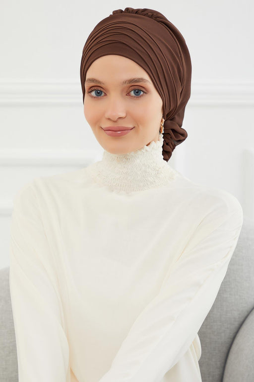 Chiffon Instant Turban with Cross-Stitch Tie Detail, Fashionable Adjustable Pre-Tied Headscarf Head Covering for Effortless Style,HT-30 Brown