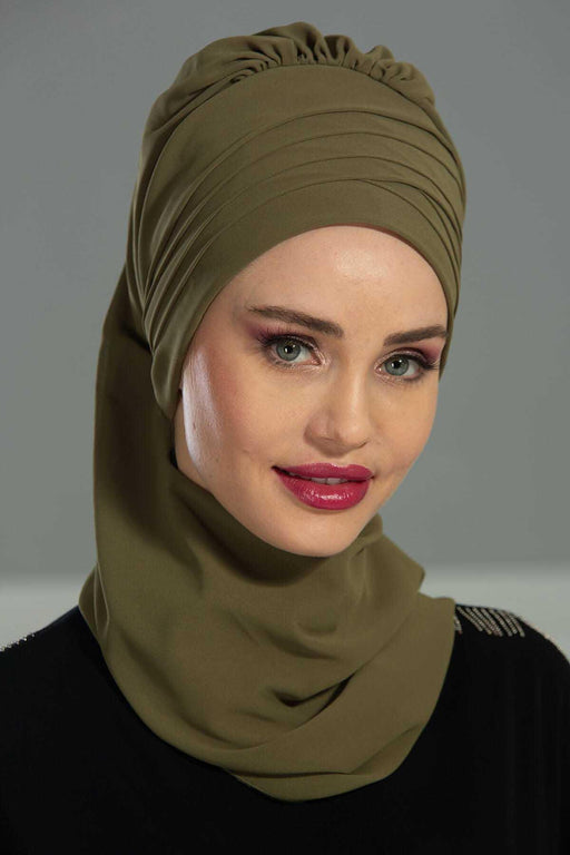 Pleated Instant Turban Head Covering for Women, Lightweight Chiffon Instant Turban, Quick and Stylish Head Coverage for Modest Fashion,HT-48 Army Green