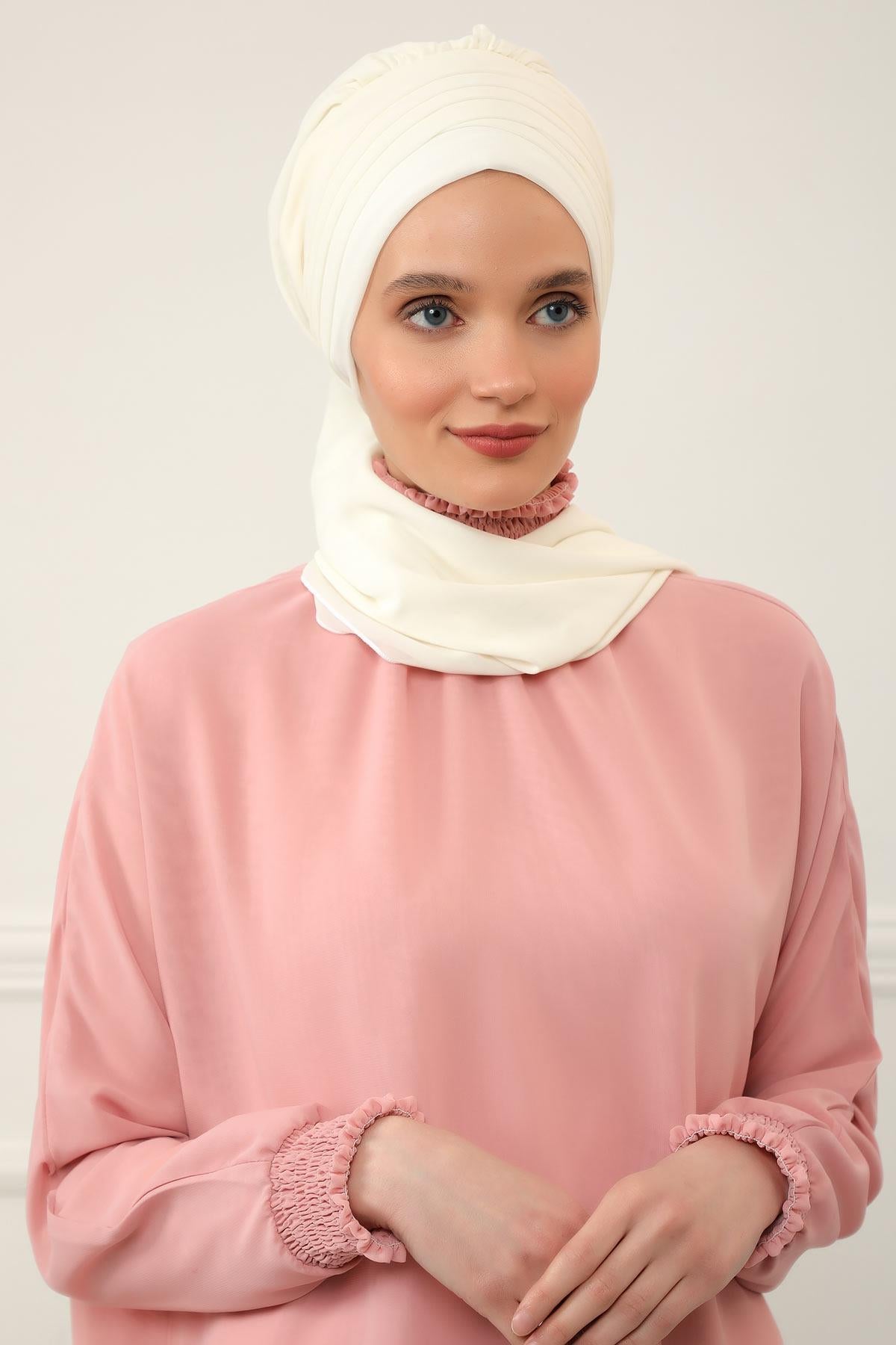 Pleated Instant Turban Head Covering for Women, Lightweight Chiffon Instant Turban, Quick and Stylish Head Coverage for Modest Fashion,HT-48 Ivory