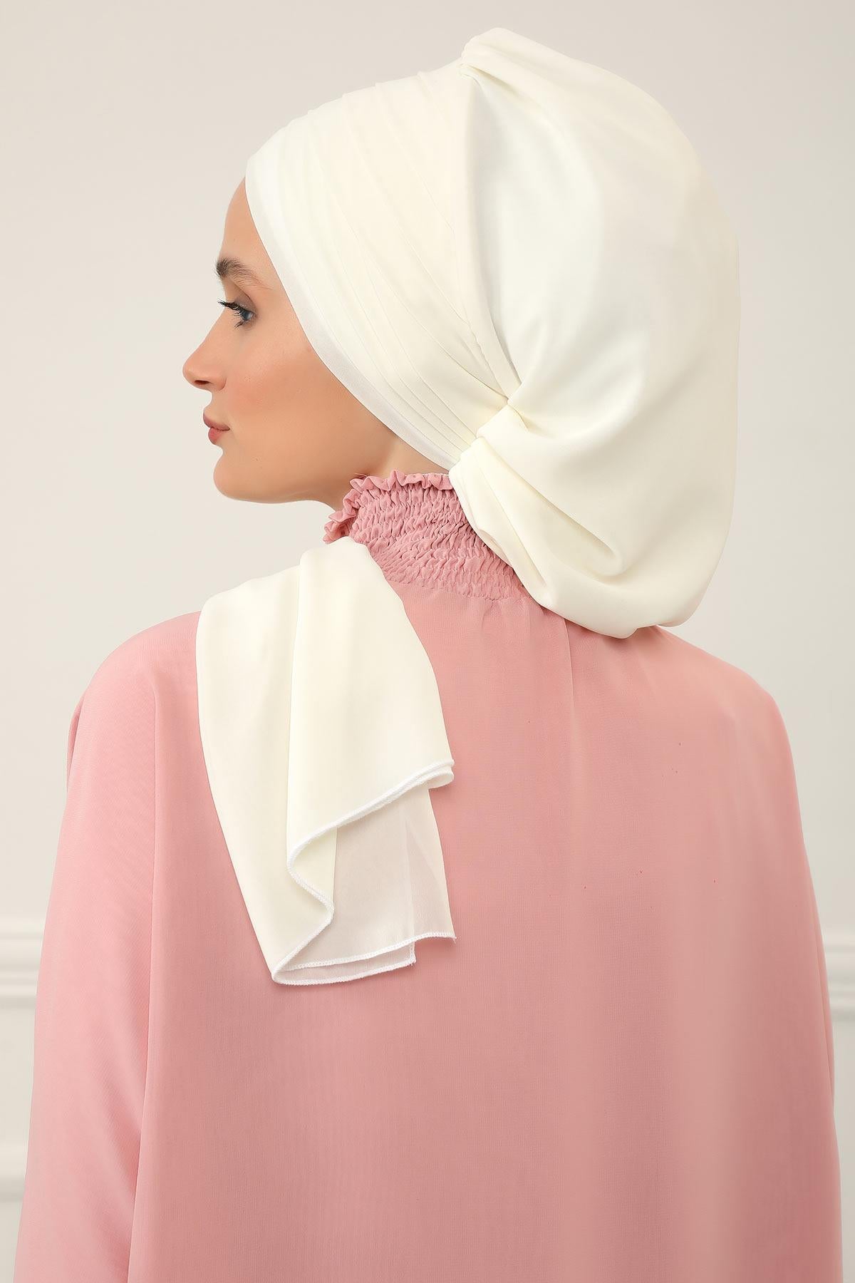 Pleated Instant Turban Head Covering for Women, Lightweight Chiffon Instant Turban, Quick and Stylish Head Coverage for Modest Fashion,HT-48 Ivory