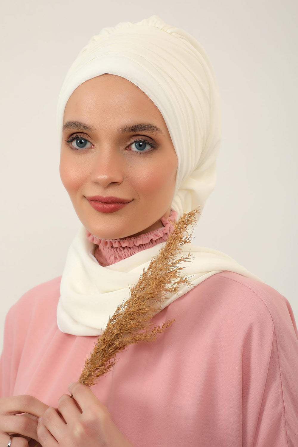 Pleated Instant Turban Head Covering for Women, Lightweight Chiffon Instant Turban, Quick and Stylish Head Coverage for Modest Fashion,HT-48 Ivory