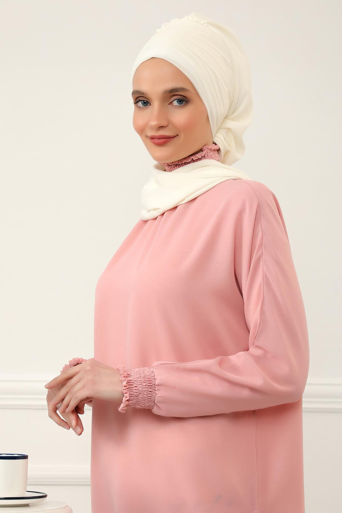 Pleated Instant Turban Head Covering for Women, Lightweight Chiffon Instant Turban, Quick and Stylish Head Coverage for Modest Fashion,HT-48 Ivory