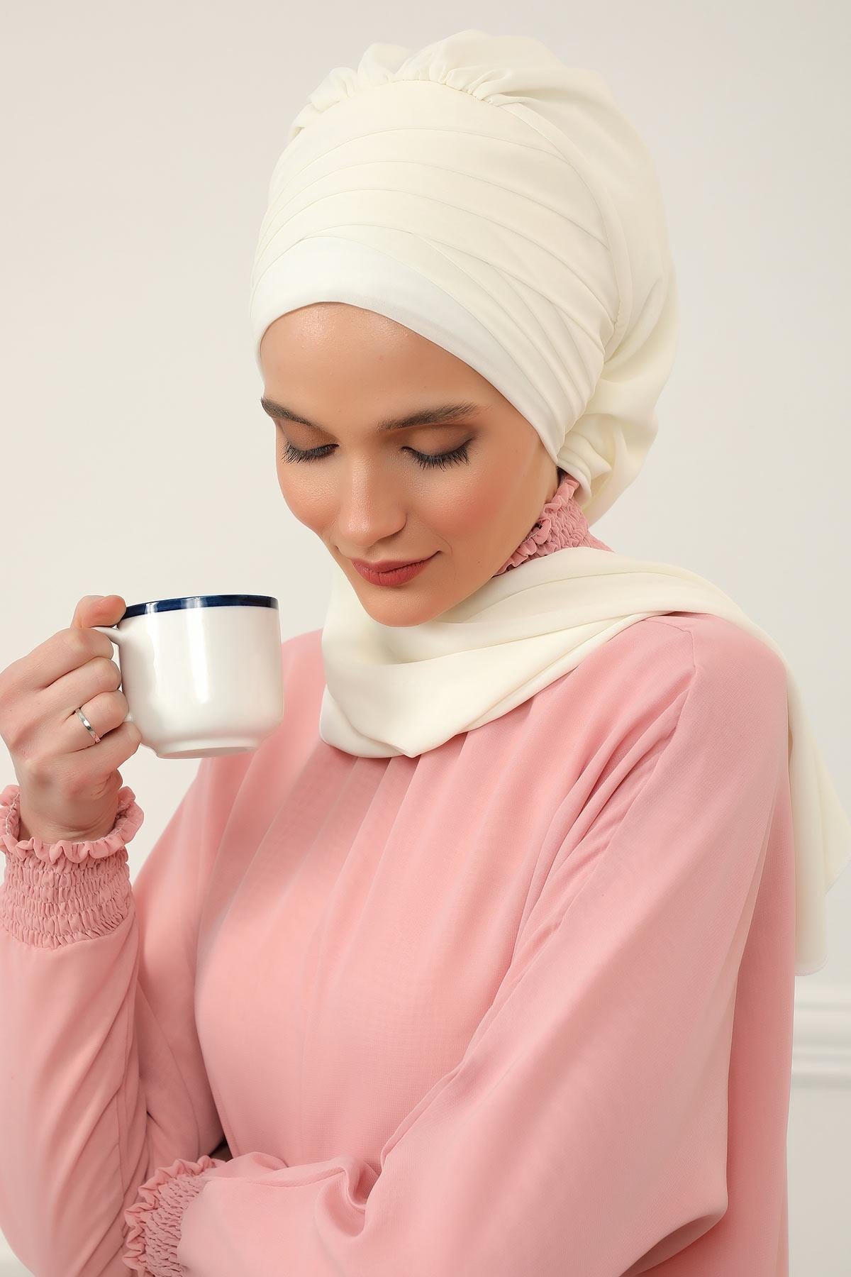 Pleated Instant Turban Head Covering for Women, Lightweight Chiffon Instant Turban, Quick and Stylish Head Coverage for Modest Fashion,HT-48 Ivory