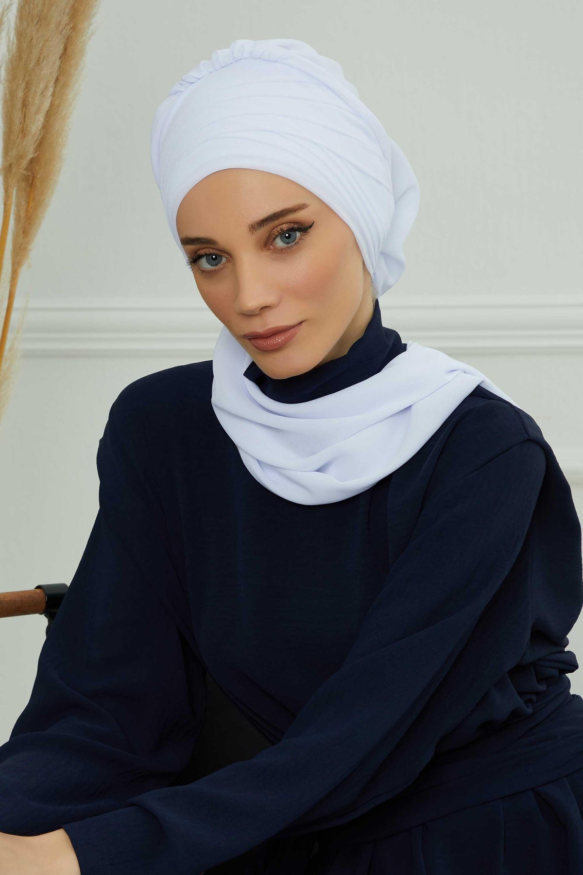 Pleated Instant Turban Head Covering for Women, Lightweight Chiffon Instant Turban, Quick and Stylish Head Coverage for Modest Fashion,HT-48 White