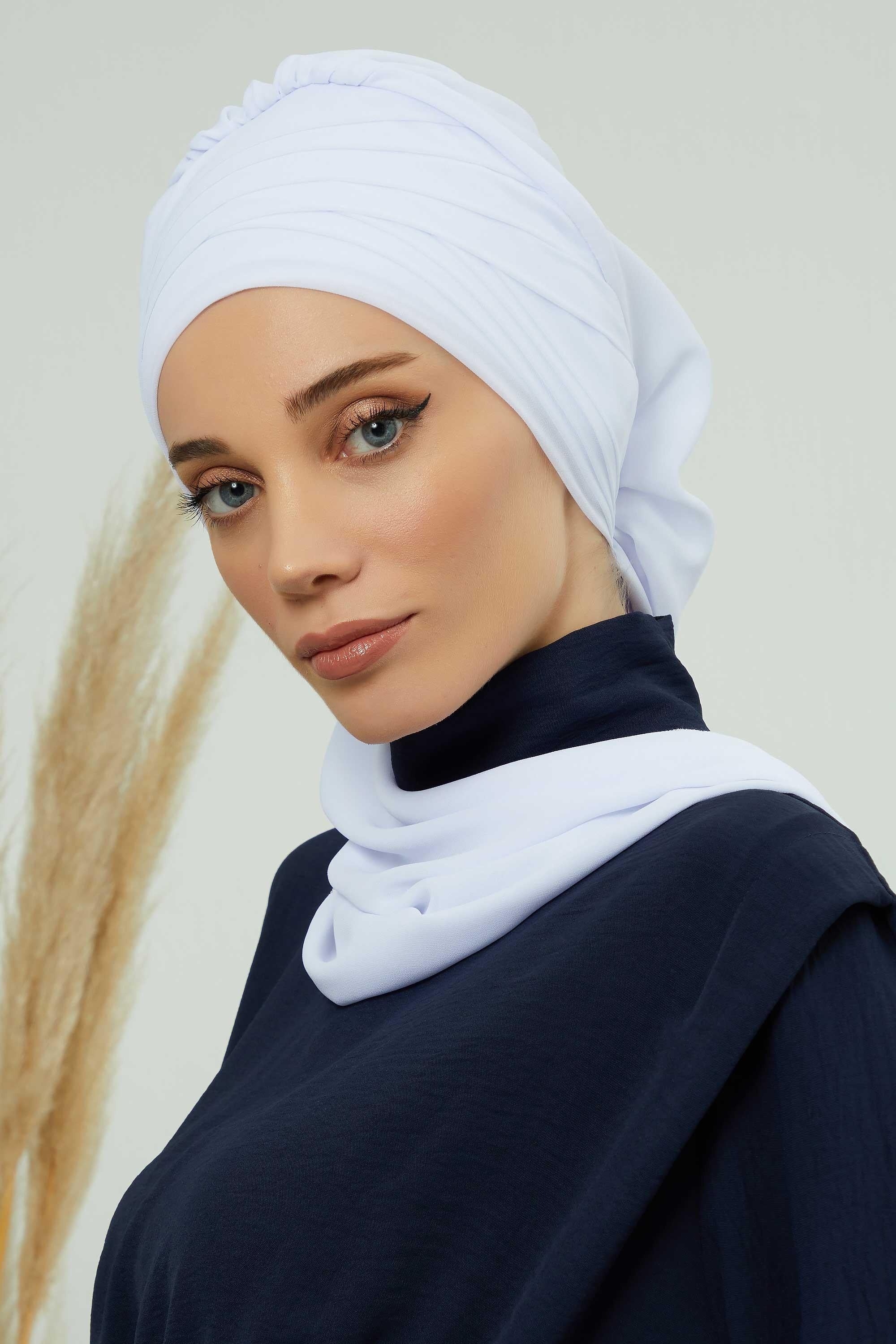 Pleated Instant Turban Head Covering for Women, Lightweight Chiffon Instant Turban, Quick and Stylish Head Coverage for Modest Fashion,HT-48 White
