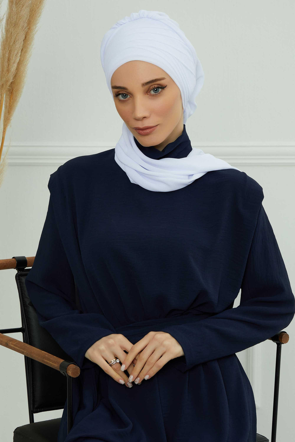 Pleated Instant Turban Head Covering for Women, Lightweight Chiffon Instant Turban, Quick and Stylish Head Coverage for Modest Fashion,HT-48 White