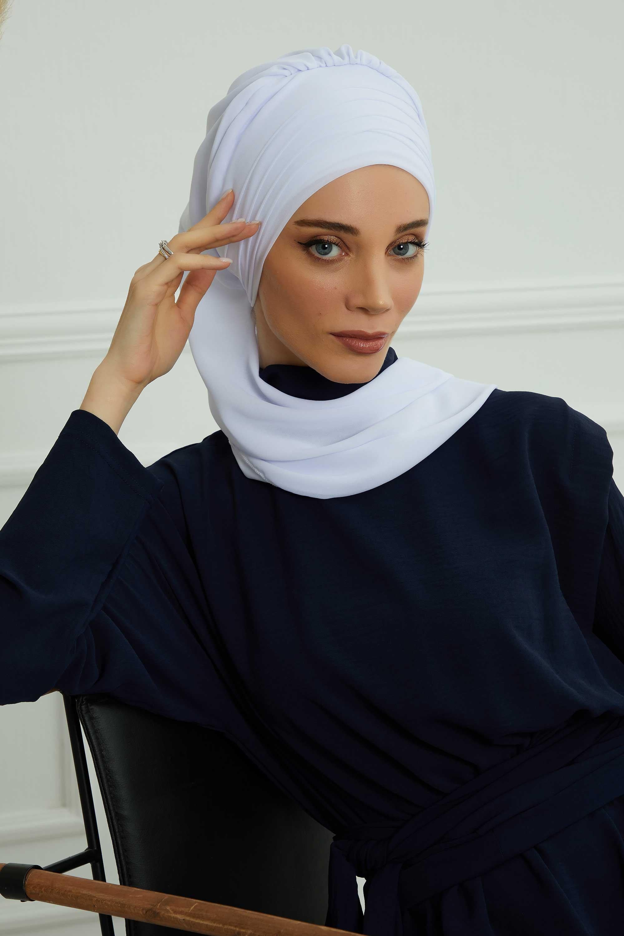 Pleated Instant Turban Head Covering for Women, Lightweight Chiffon Instant Turban, Quick and Stylish Head Coverage for Modest Fashion,HT-48 White