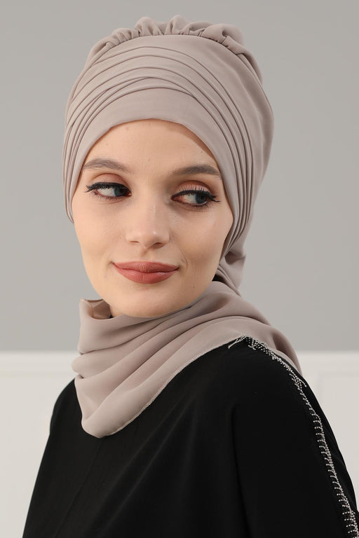 Pleated Instant Turban Head Covering for Women, Lightweight Chiffon Instant Turban, Quick and Stylish Head Coverage for Modest Fashion,HT-48 Mink