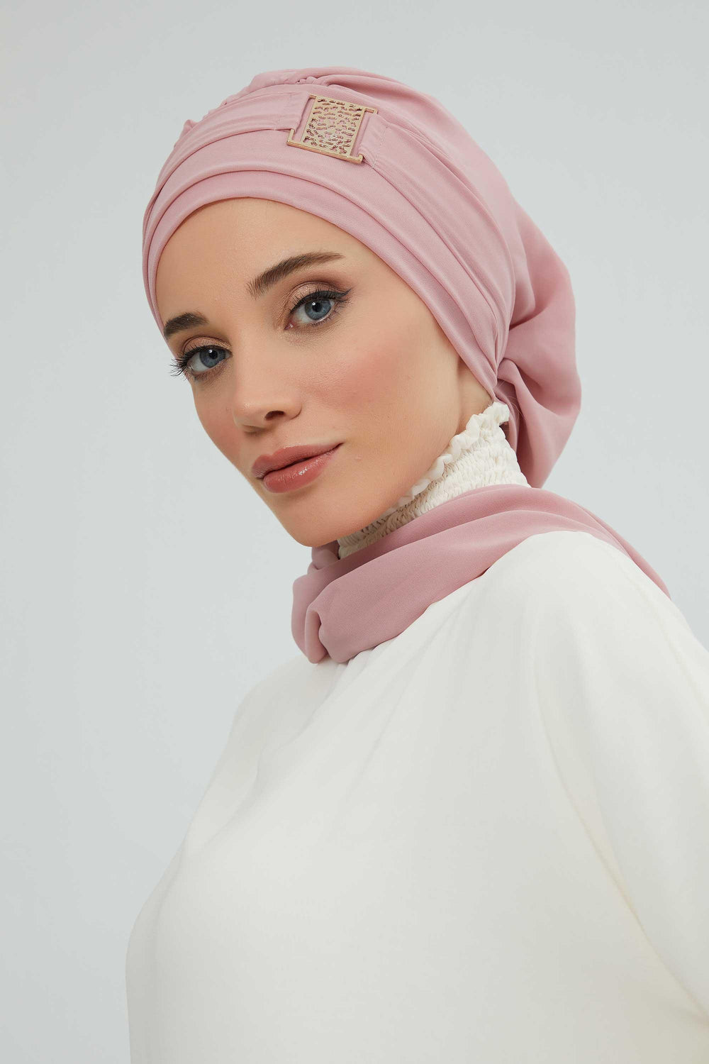 Chiffon Instant Turban with Gold Leopard Pattern Accessory, Adjustable Instant Turban Headscarf for Women, Pre-Tied Turban Hijab Cover,HT-11 Powder