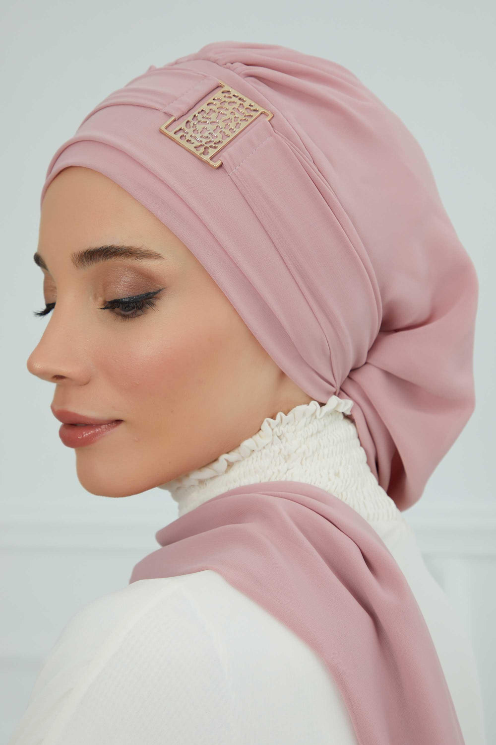 Chiffon Instant Turban with Gold Leopard Pattern Accessory, Adjustable Instant Turban Headscarf for Women, Pre-Tied Turban Hijab Cover,HT-11 Powder