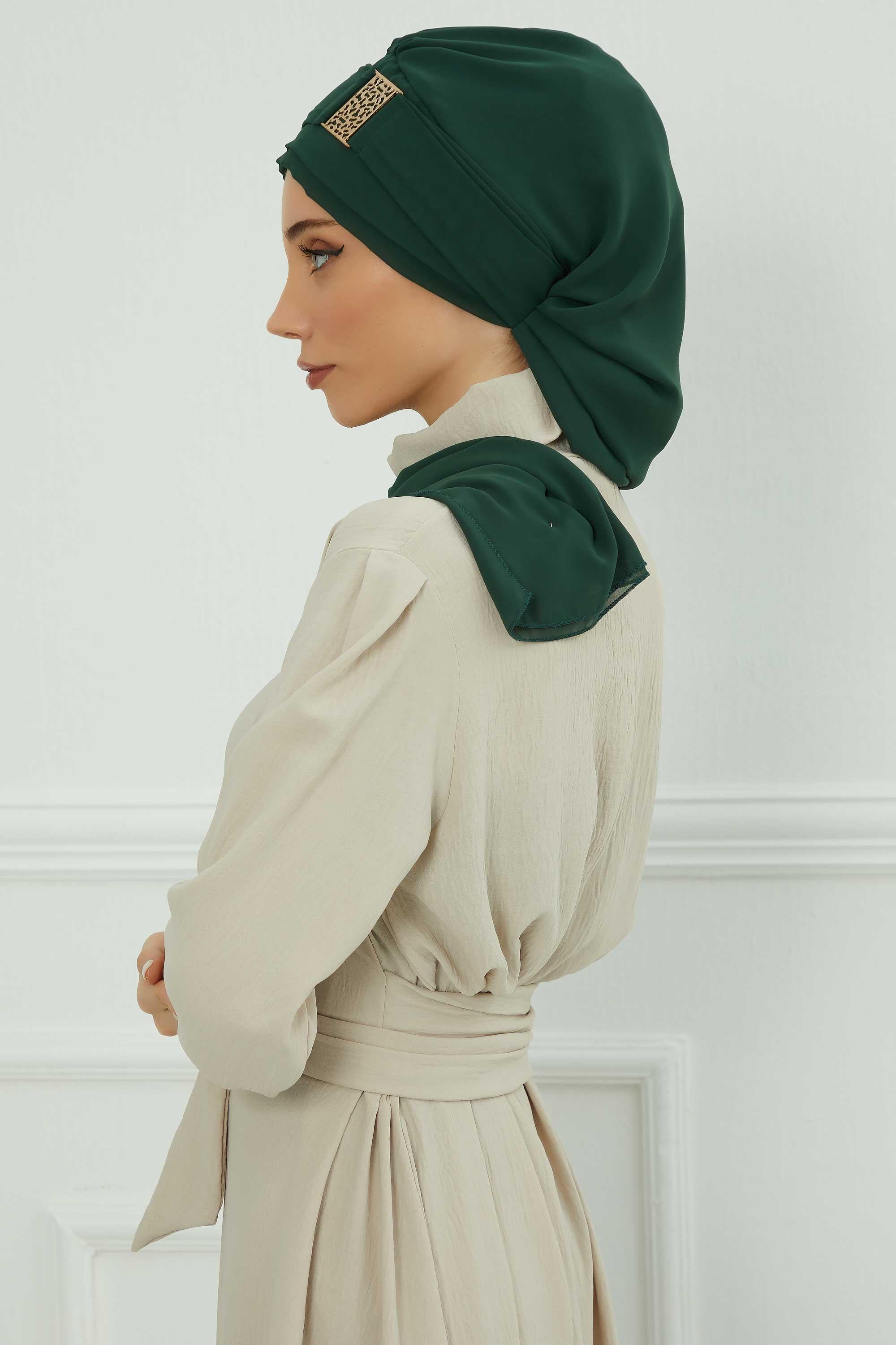 Chiffon Instant Turban with Gold Leopard Pattern Accessory, Adjustable Instant Turban Headscarf for Women, Pre-Tied Turban Hijab Cover,HT-11 Dark Green