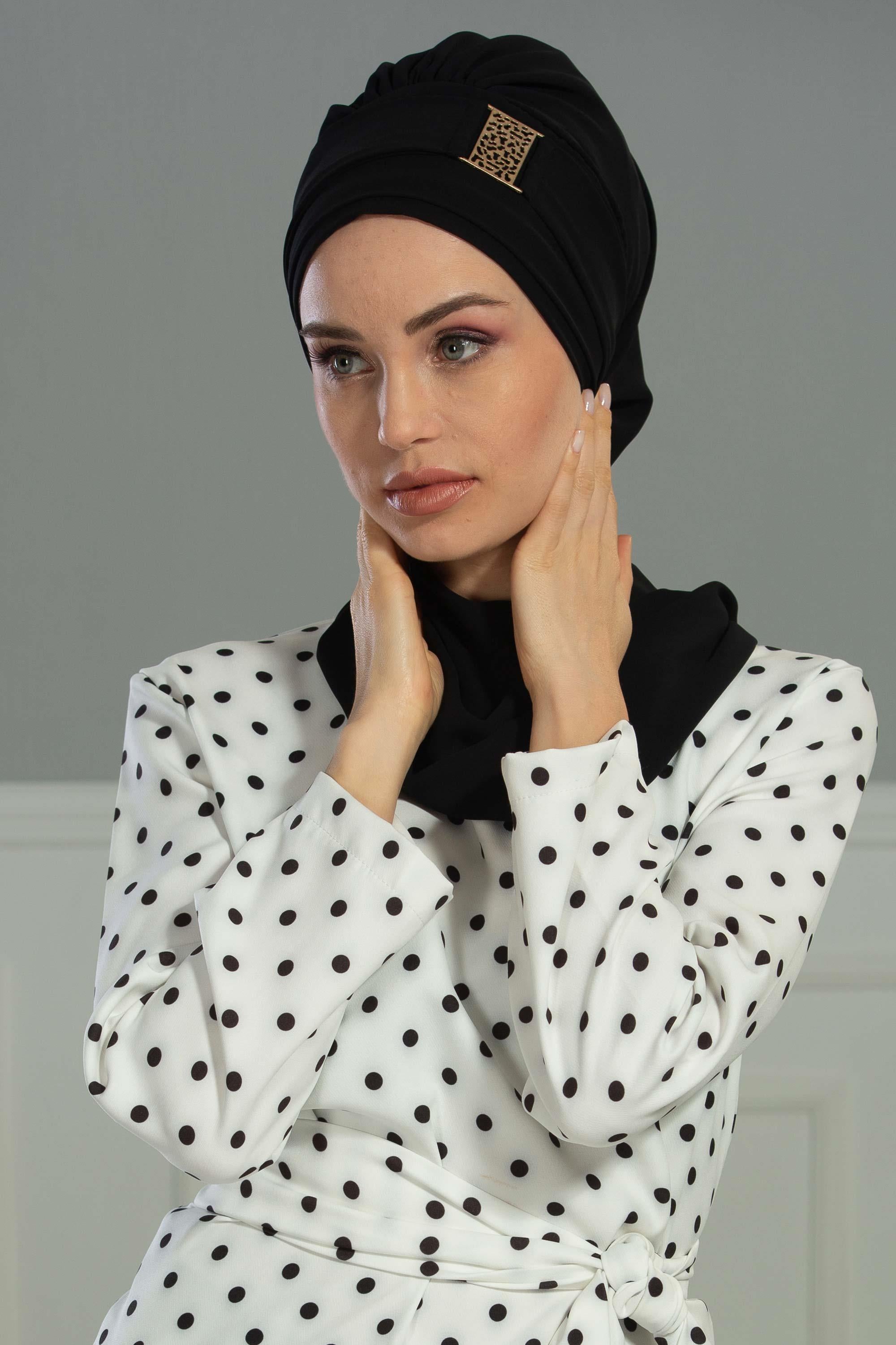 Chiffon Instant Turban with Gold Leopard Pattern Accessory, Adjustable Instant Turban Headscarf for Women, Pre-Tied Turban Hijab Cover,HT-11 Black