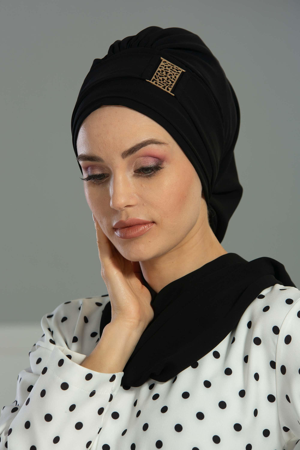 Chiffon Instant Turban with Gold Leopard Pattern Accessory, Adjustable Instant Turban Headscarf for Women, Pre-Tied Turban Hijab Cover,HT-11 Black