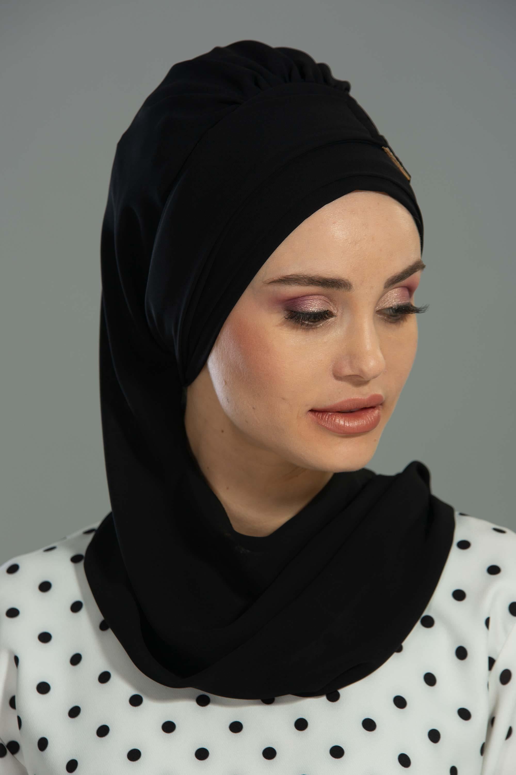 Chiffon Instant Turban with Gold Leopard Pattern Accessory, Adjustable Instant Turban Headscarf for Women, Pre-Tied Turban Hijab Cover,HT-11 Black