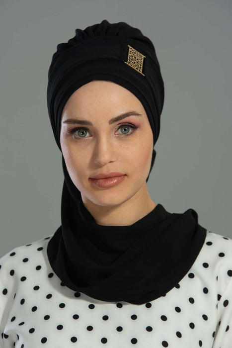 Chiffon Instant Turban with Gold Leopard Pattern Accessory, Adjustable Instant Turban Headscarf for Women, Pre-Tied Turban Hijab Cover,HT-11