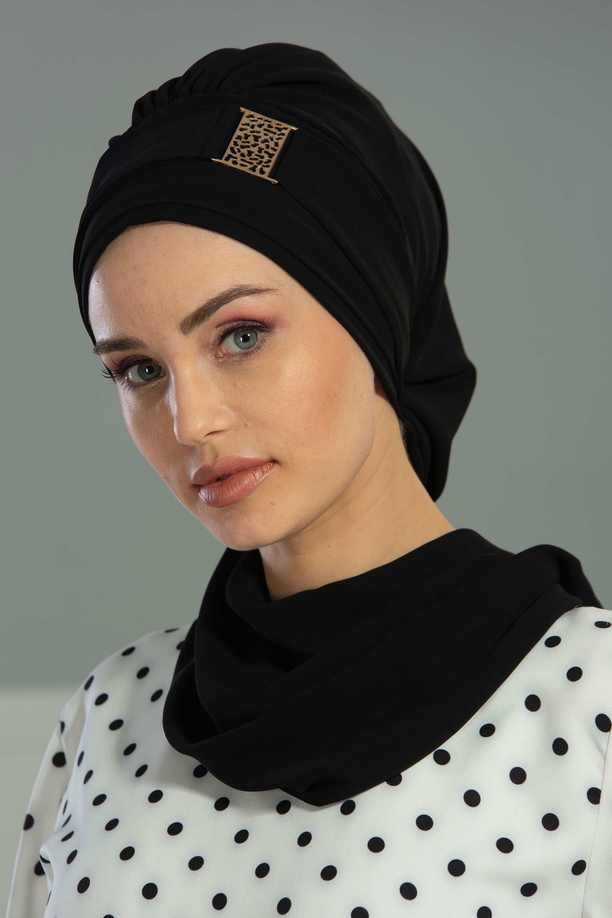 Chiffon Instant Turban with Gold Leopard Pattern Accessory, Adjustable Instant Turban Headscarf for Women, Pre-Tied Turban Hijab Cover,HT-11 Black