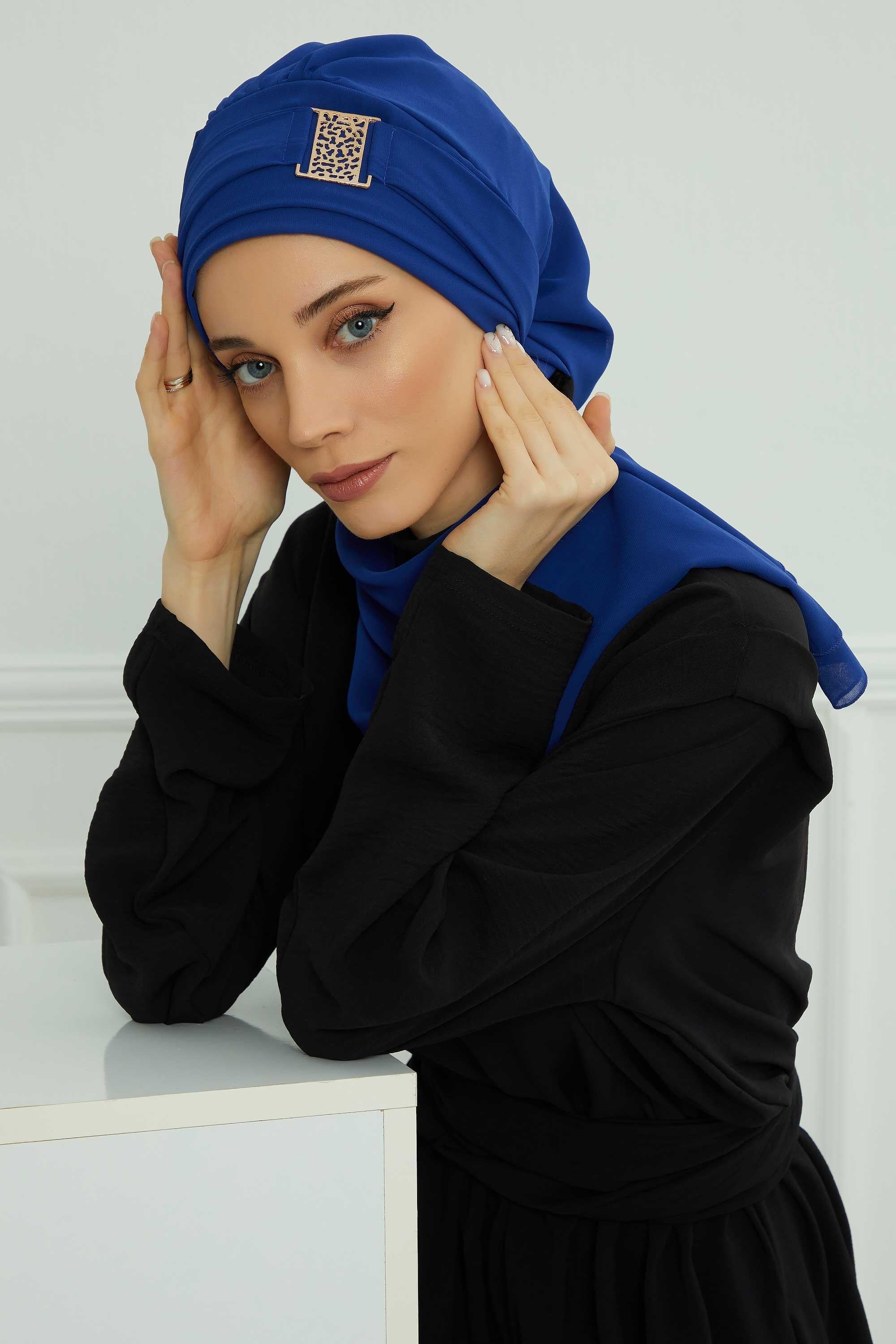 Chiffon Instant Turban with Gold Leopard Pattern Accessory, Adjustable Instant Turban Headscarf for Women, Pre-Tied Turban Hijab Cover,HT-11 Sax Blue