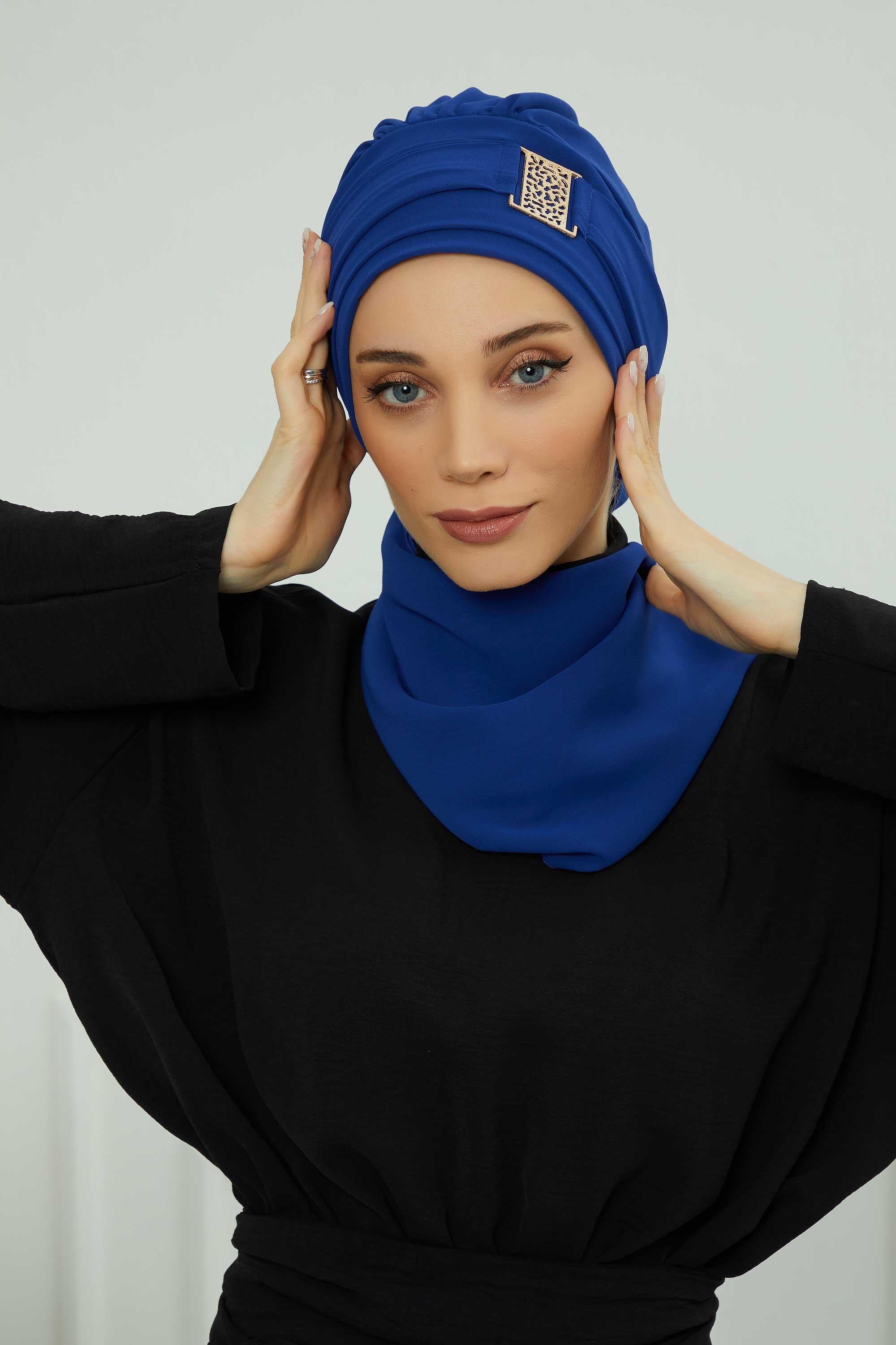 Chiffon Instant Turban with Gold Leopard Pattern Accessory, Adjustable Instant Turban Headscarf for Women, Pre-Tied Turban Hijab Cover,HT-11 Sax Blue