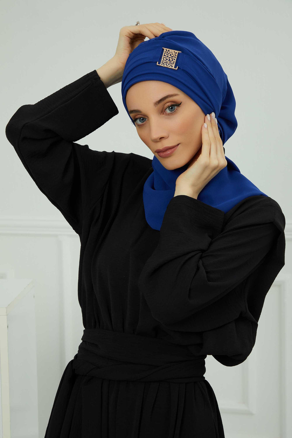 Chiffon Instant Turban with Gold Leopard Pattern Accessory, Adjustable Instant Turban Headscarf for Women, Pre-Tied Turban Hijab Cover,HT-11 Sax Blue