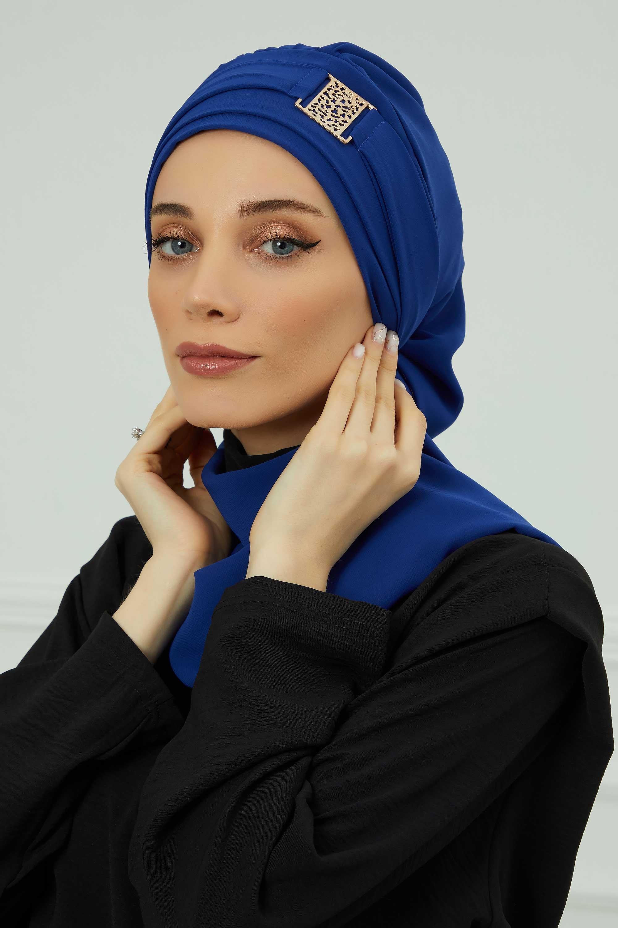 Chiffon Instant Turban with Gold Leopard Pattern Accessory, Adjustable Instant Turban Headscarf for Women, Pre-Tied Turban Hijab Cover,HT-11 Sax Blue