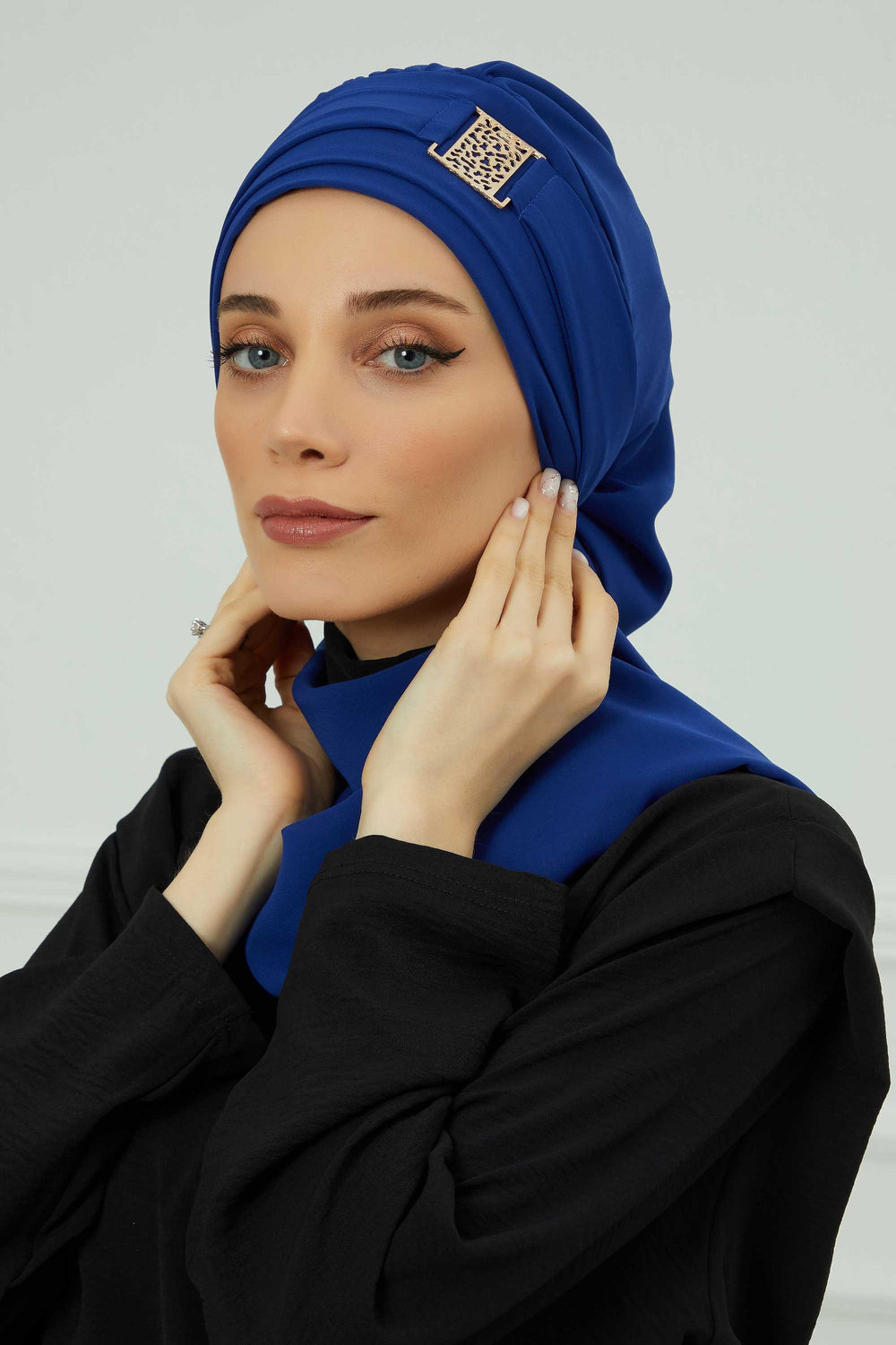 Chiffon Instant Turban with Gold Leopard Pattern Accessory, Adjustable Instant Turban Headscarf for Women, Pre-Tied Turban Hijab Cover,HT-11 Sax Blue