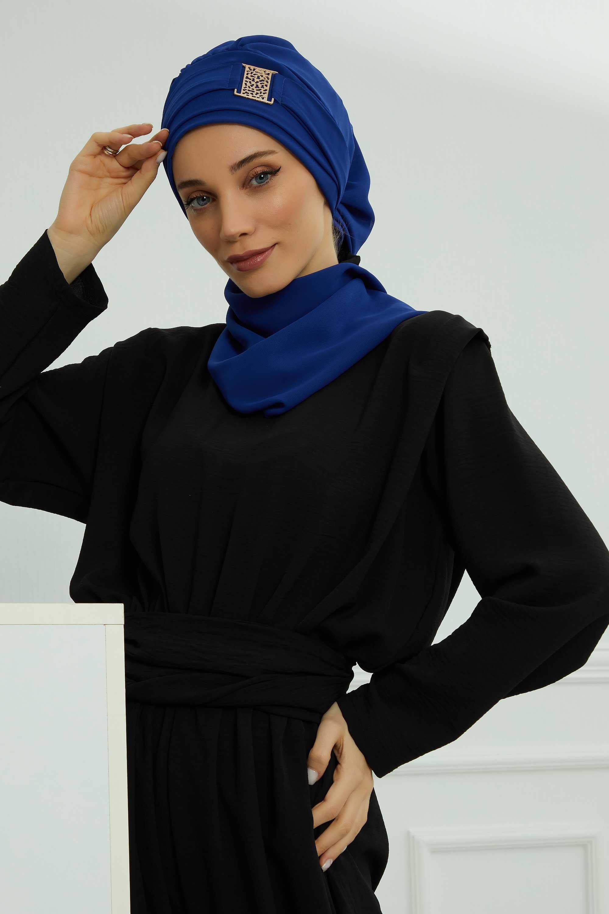Chiffon Instant Turban with Gold Leopard Pattern Accessory, Adjustable Instant Turban Headscarf for Women, Pre-Tied Turban Hijab Cover,HT-11 Sax Blue
