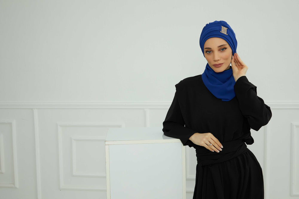 Chiffon Instant Turban with Gold Leopard Pattern Accessory, Adjustable Instant Turban Headscarf for Women, Pre-Tied Turban Hijab Cover,HT-11 Sax Blue