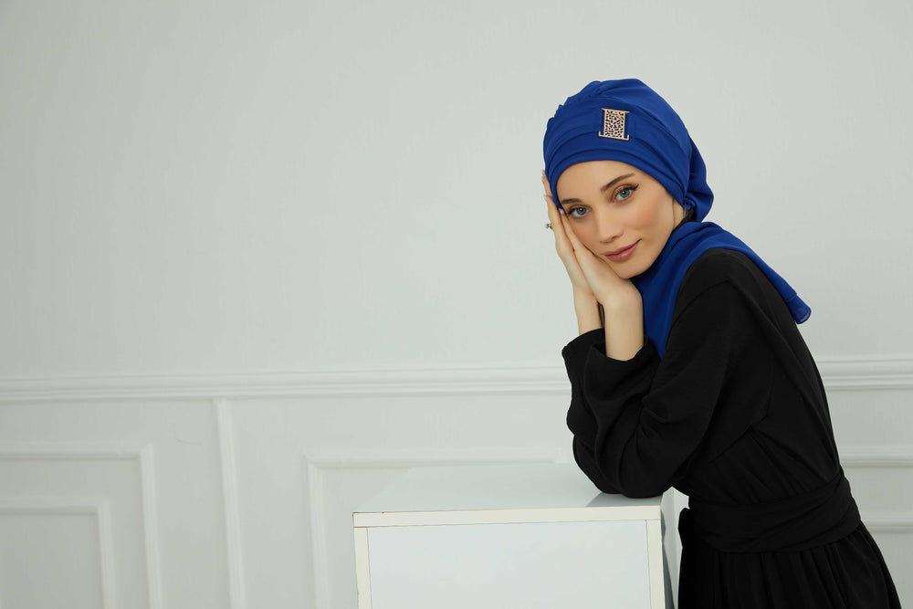 Chiffon Instant Turban with Gold Leopard Pattern Accessory, Adjustable Instant Turban Headscarf for Women, Pre-Tied Turban Hijab Cover,HT-11 Sax Blue