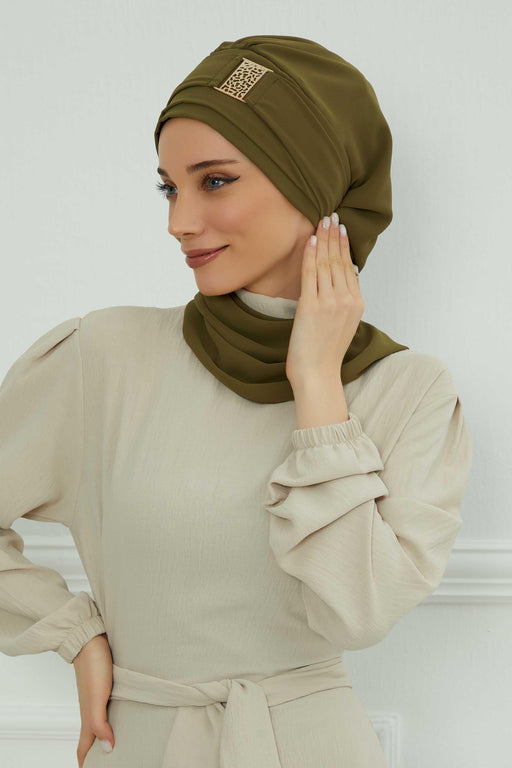 Chiffon Instant Turban with Gold Leopard Pattern Accessory, Adjustable Instant Turban Headscarf for Women, Pre-Tied Turban Hijab Cover,HT-11 Army Green