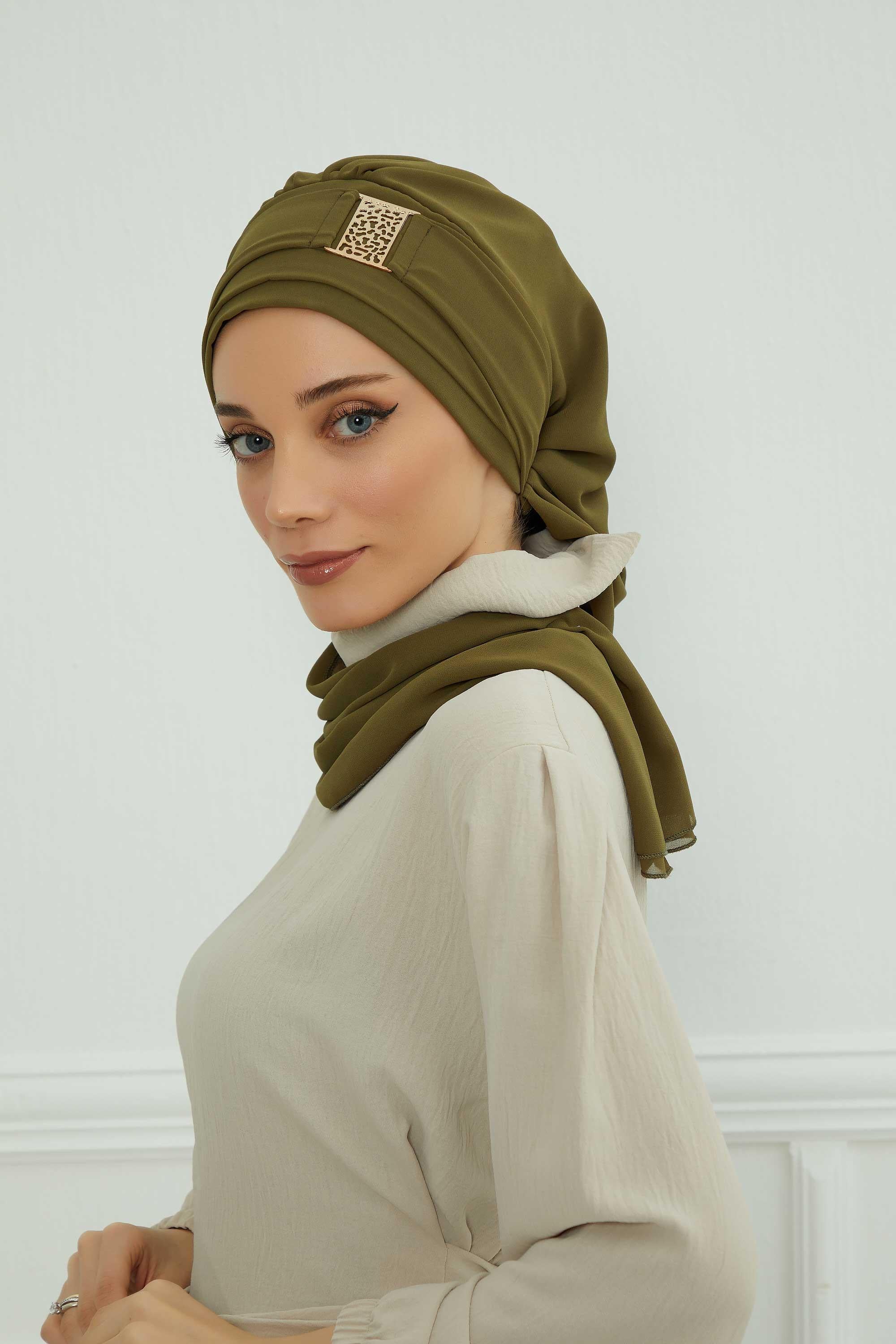 Chiffon Instant Turban with Gold Leopard Pattern Accessory, Adjustable Instant Turban Headscarf for Women, Pre-Tied Turban Hijab Cover,HT-11 Army Green
