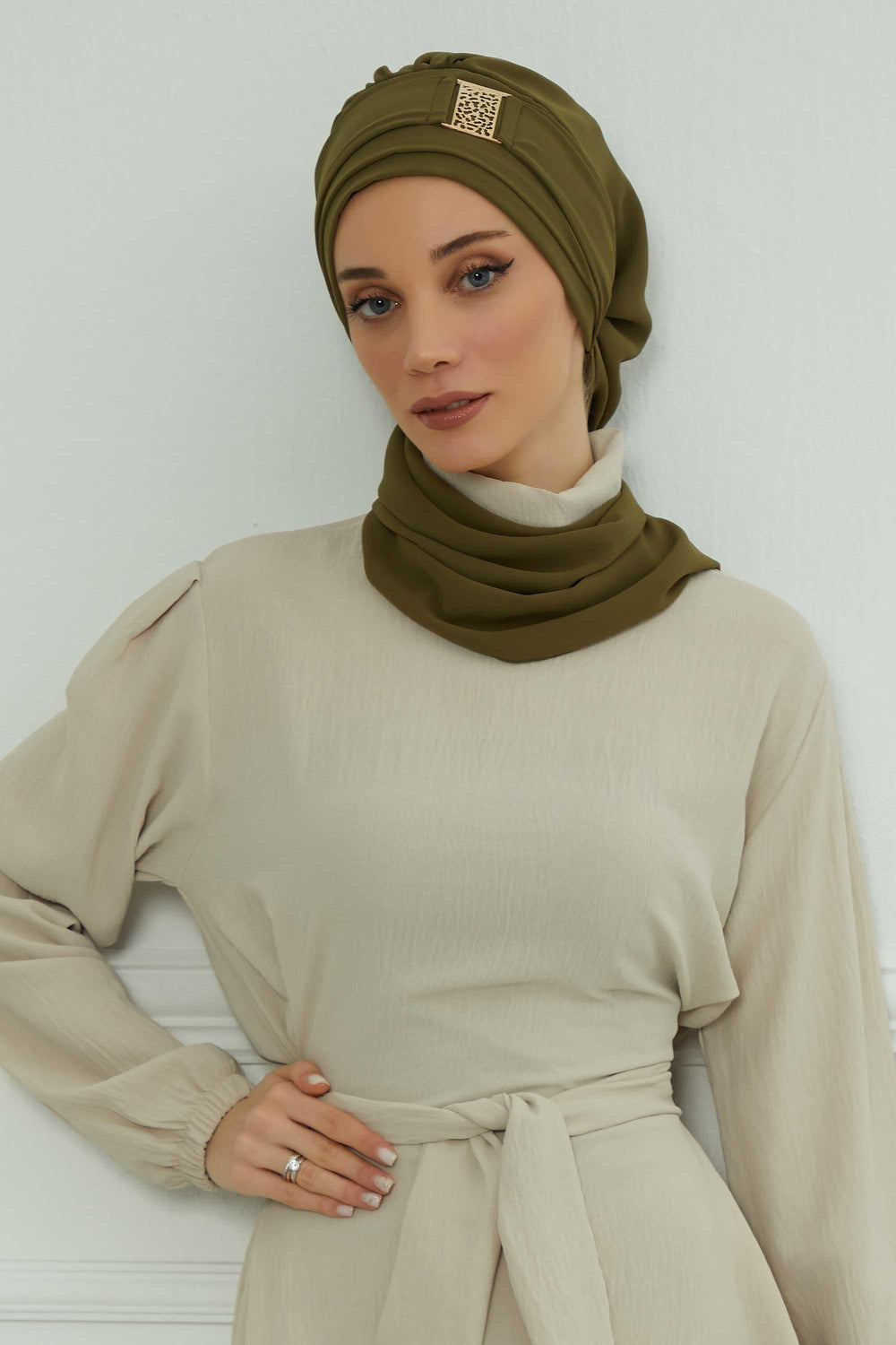 Chiffon Instant Turban with Gold Leopard Pattern Accessory, Adjustable Instant Turban Headscarf for Women, Pre-Tied Turban Hijab Cover,HT-11 Army Green
