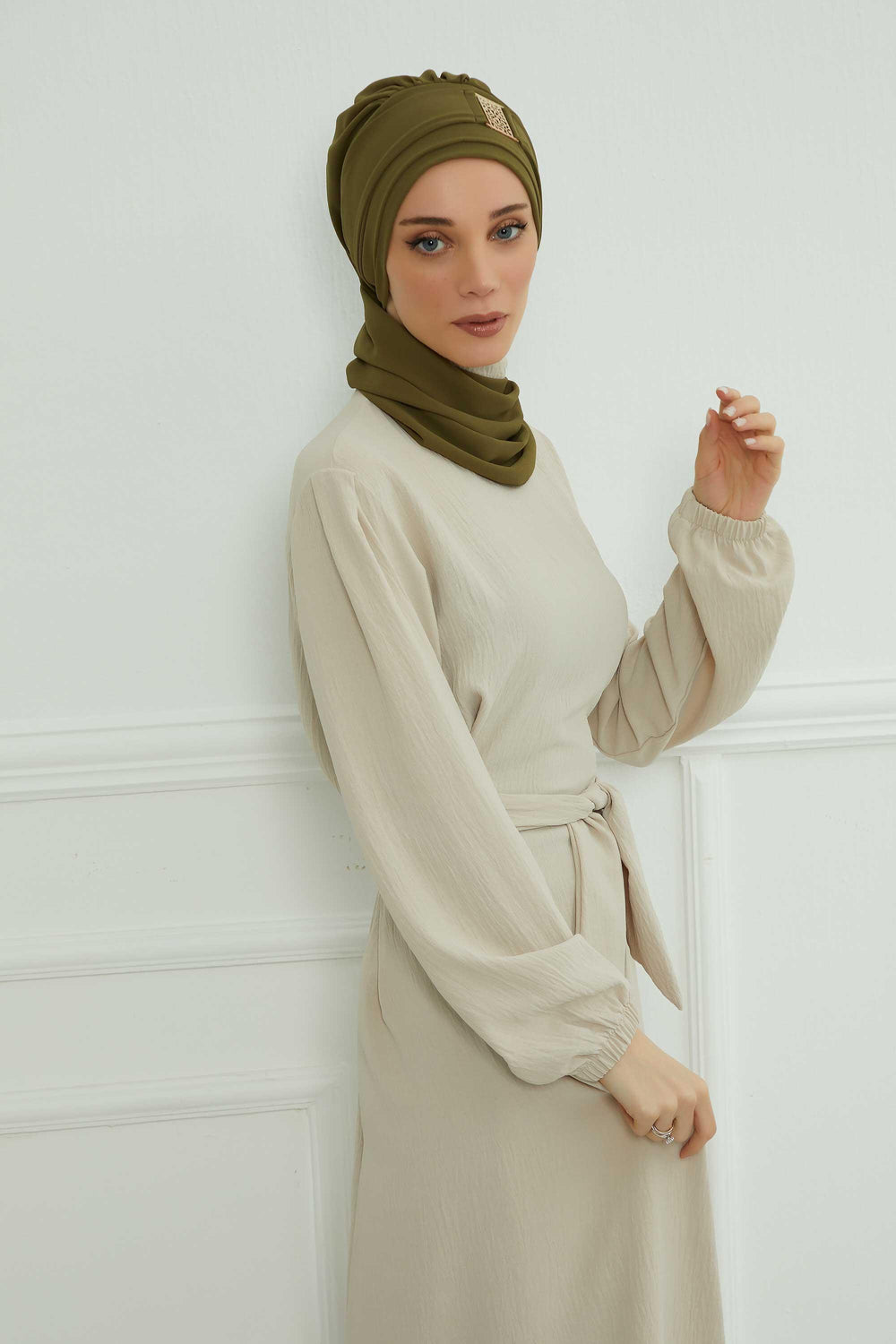 Chiffon Instant Turban with Gold Leopard Pattern Accessory, Adjustable Instant Turban Headscarf for Women, Pre-Tied Turban Hijab Cover,HT-11 Army Green