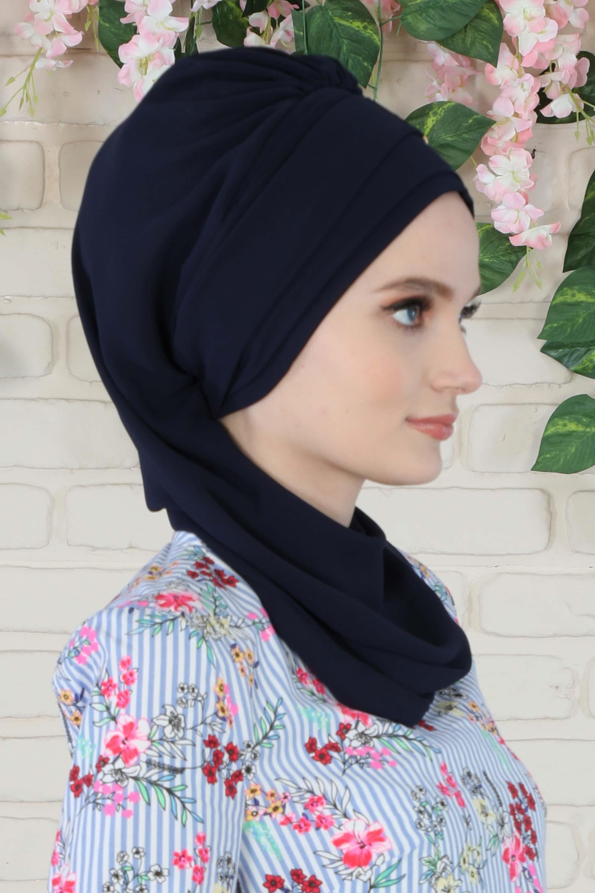 Chiffon Instant Turban with Gold Leopard Pattern Accessory, Adjustable Instant Turban Headscarf for Women, Pre-Tied Turban Hijab Cover,HT-11 Navy Blue