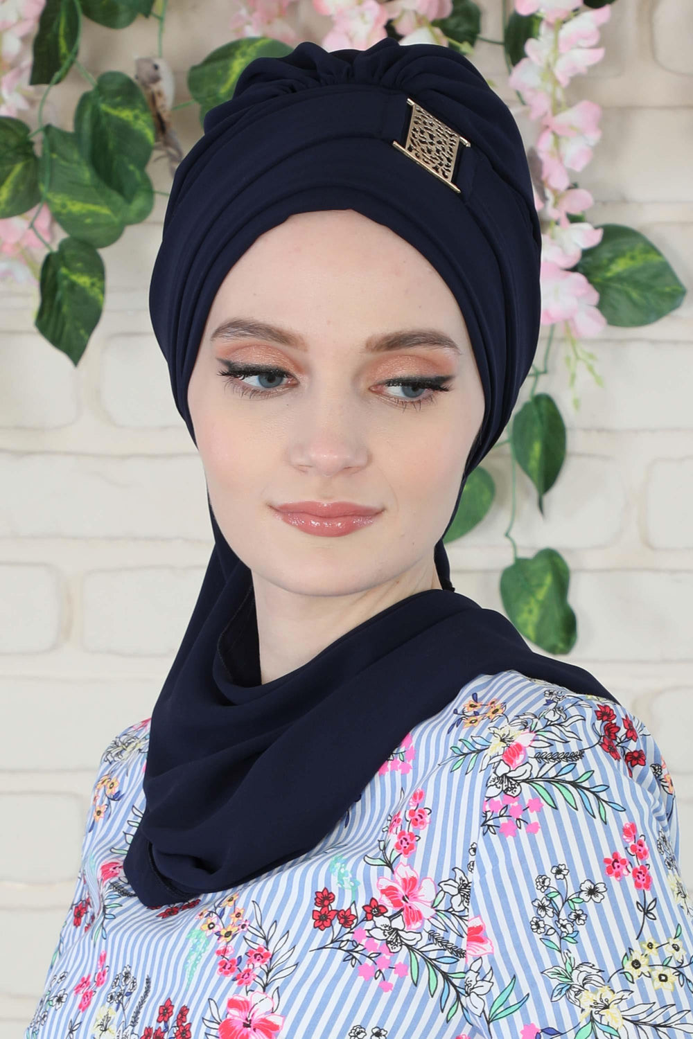Chiffon Instant Turban with Gold Leopard Pattern Accessory, Adjustable Instant Turban Headscarf for Women, Pre-Tied Turban Hijab Cover,HT-11 Navy Blue