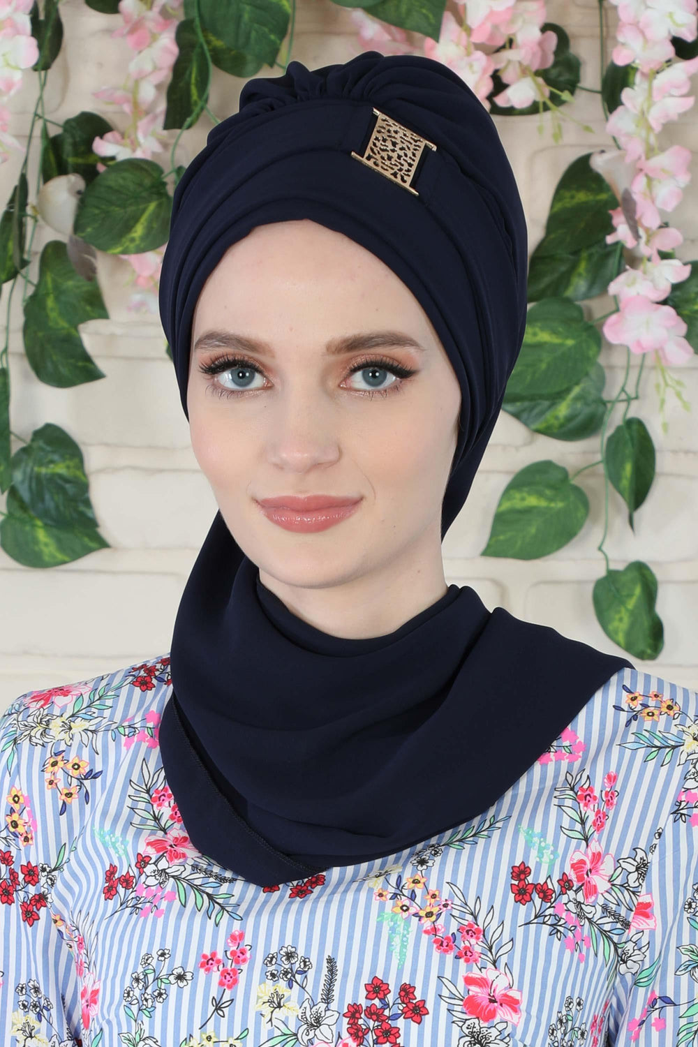 Chiffon Instant Turban with Gold Leopard Pattern Accessory, Adjustable Instant Turban Headscarf for Women, Pre-Tied Turban Hijab Cover,HT-11 Navy Blue