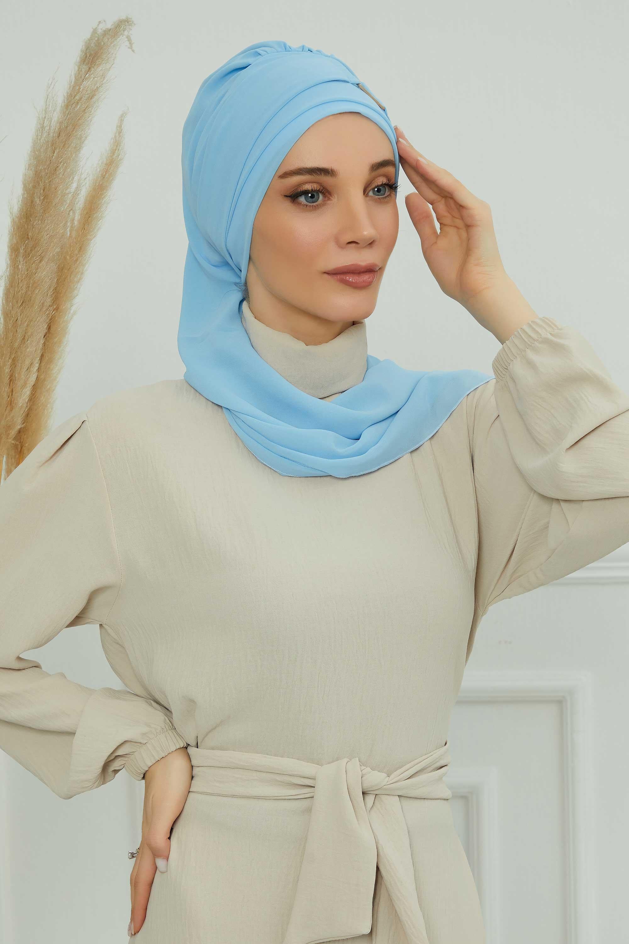 Chiffon Instant Turban with Gold Leopard Pattern Accessory, Adjustable Instant Turban Headscarf for Women, Pre-Tied Turban Hijab Cover,HT-11 Baby Blue