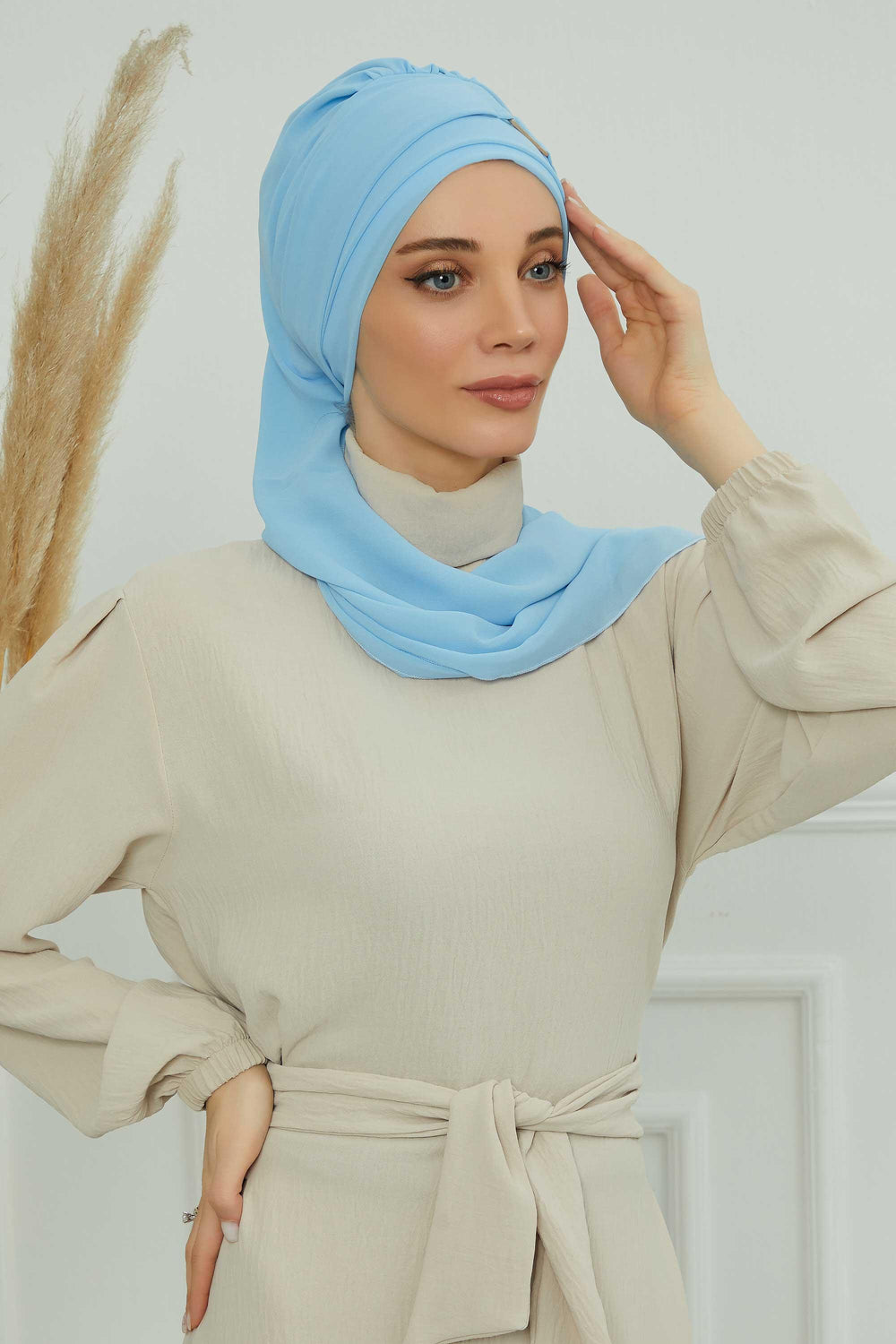 Chiffon Instant Turban with Gold Leopard Pattern Accessory, Adjustable Instant Turban Headscarf for Women, Pre-Tied Turban Hijab Cover,HT-11 Baby Blue