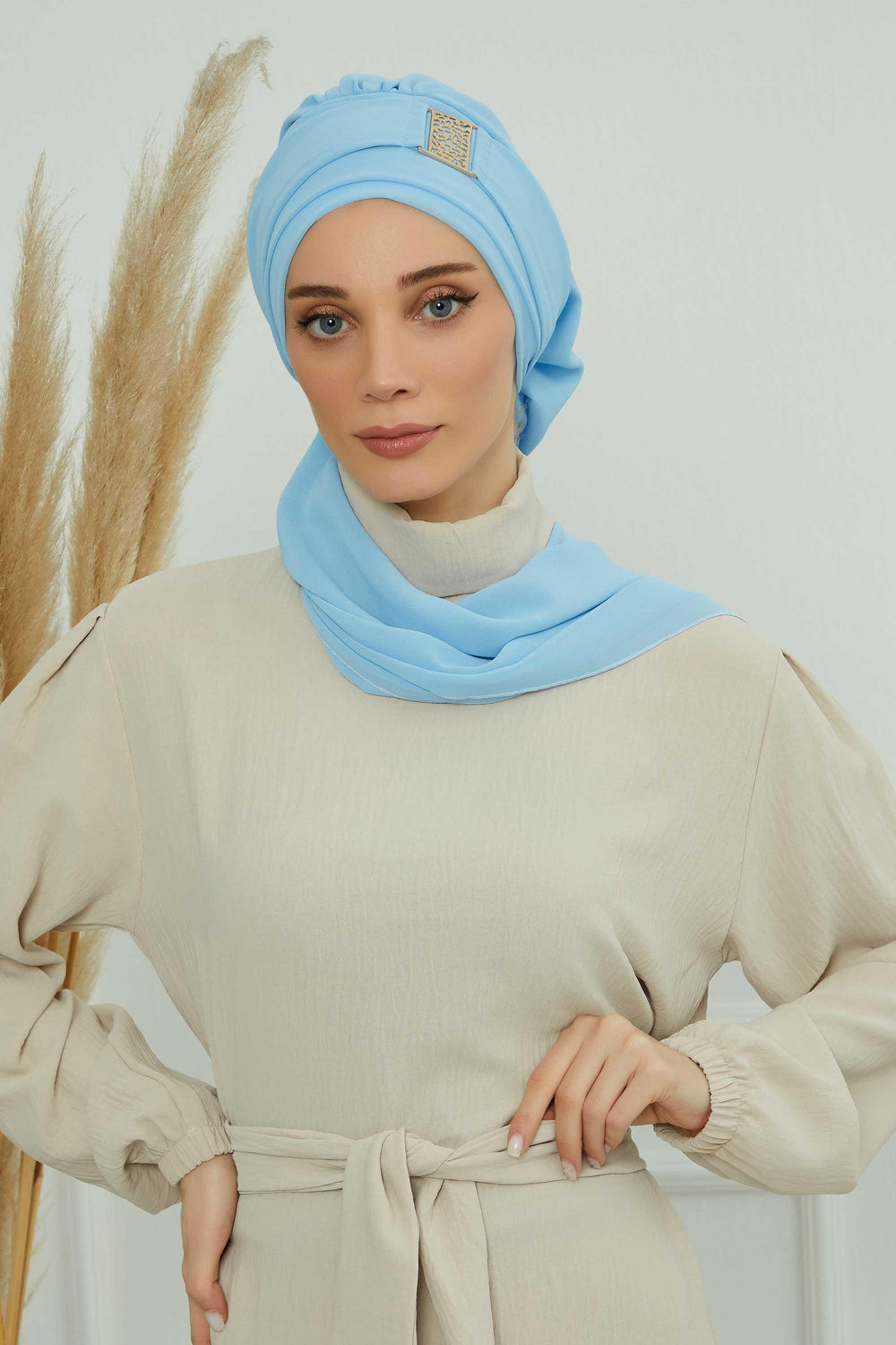 Chiffon Instant Turban with Gold Leopard Pattern Accessory, Adjustable Instant Turban Headscarf for Women, Pre-Tied Turban Hijab Cover,HT-11 Baby Blue