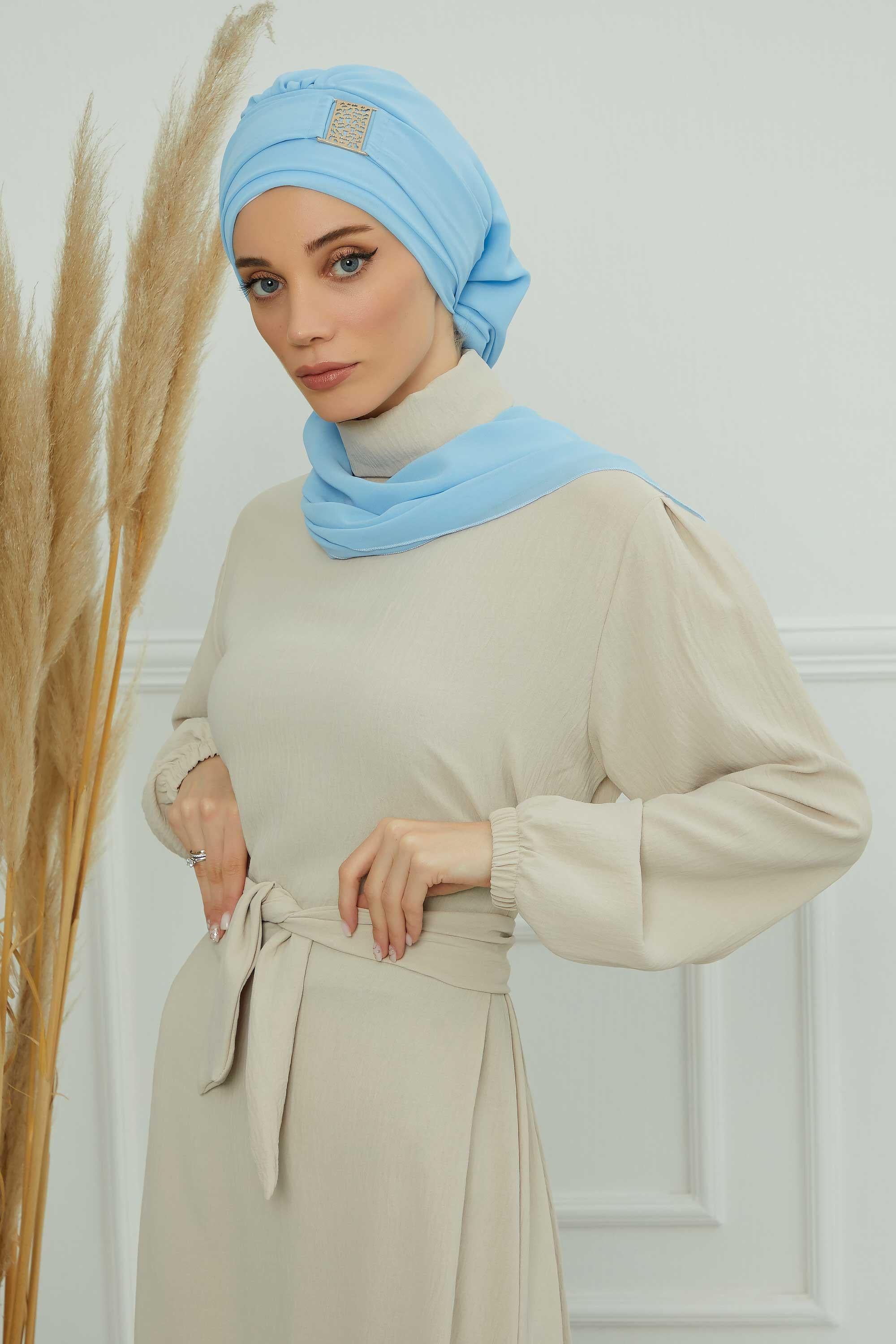 Chiffon Instant Turban with Gold Leopard Pattern Accessory, Adjustable Instant Turban Headscarf for Women, Pre-Tied Turban Hijab Cover,HT-11 Baby Blue