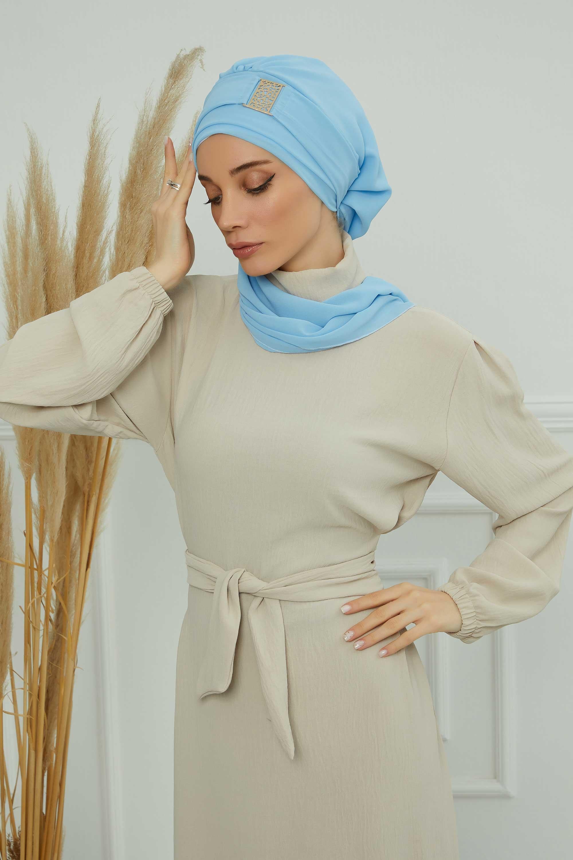 Chiffon Instant Turban with Gold Leopard Pattern Accessory, Adjustable Instant Turban Headscarf for Women, Pre-Tied Turban Hijab Cover,HT-11 Baby Blue