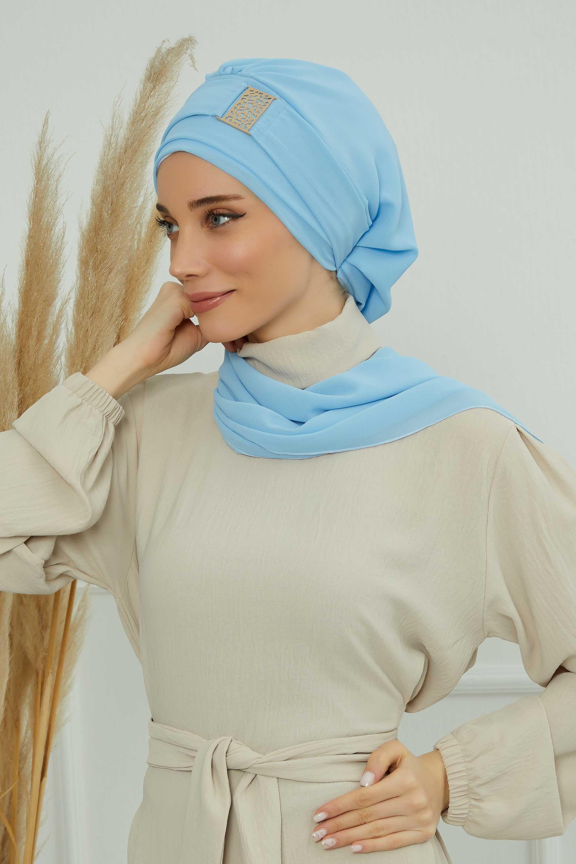 Chiffon Instant Turban with Gold Leopard Pattern Accessory, Adjustable Instant Turban Headscarf for Women, Pre-Tied Turban Hijab Cover,HT-11 Baby Blue